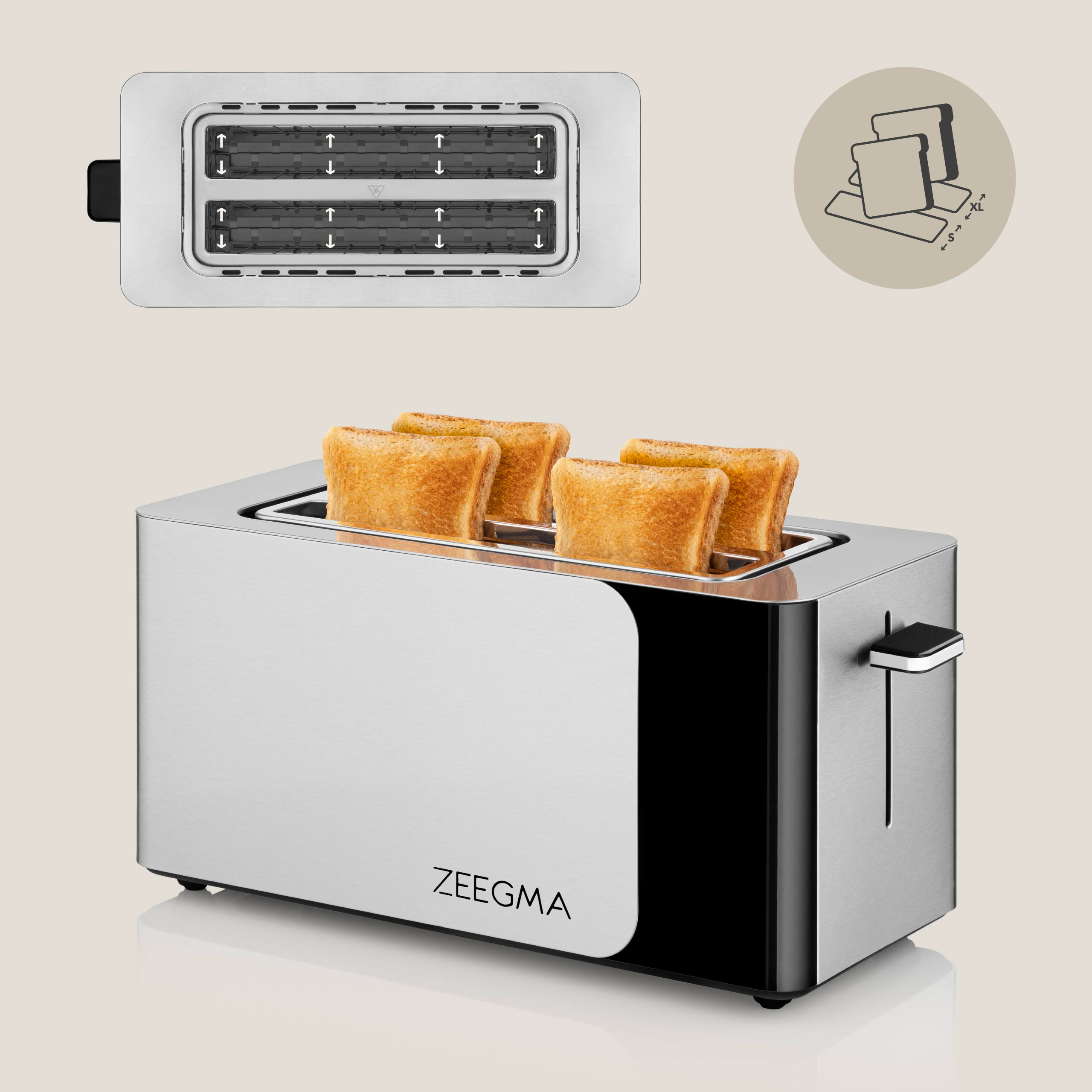 Srebrny toster z chlebem w środku i zdjęciem kromek chleba. Białe tło.