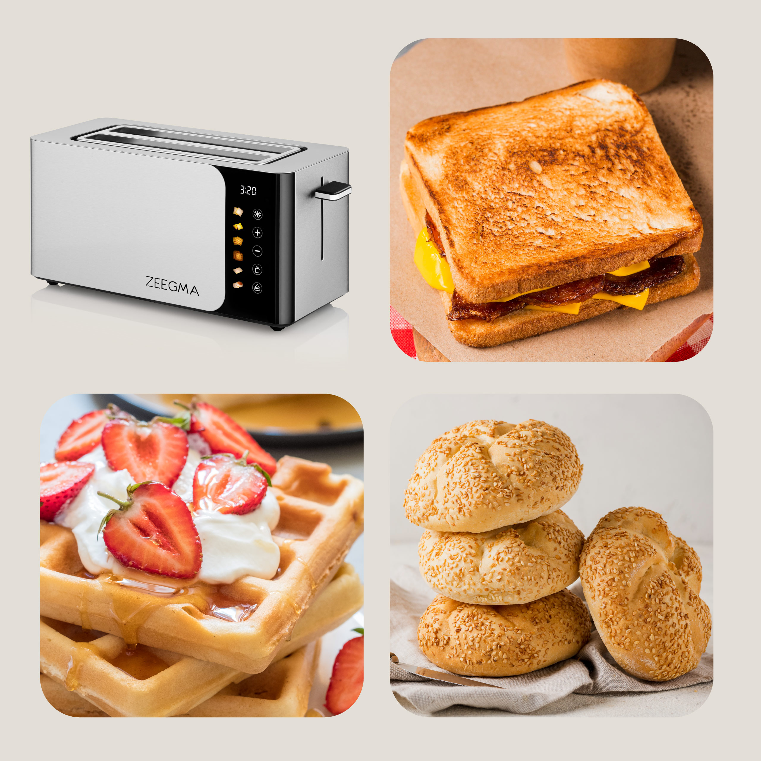 Een broodrooster, een sandwich, wafels met aardbeien en sesambagels op een witte achtergrond.
