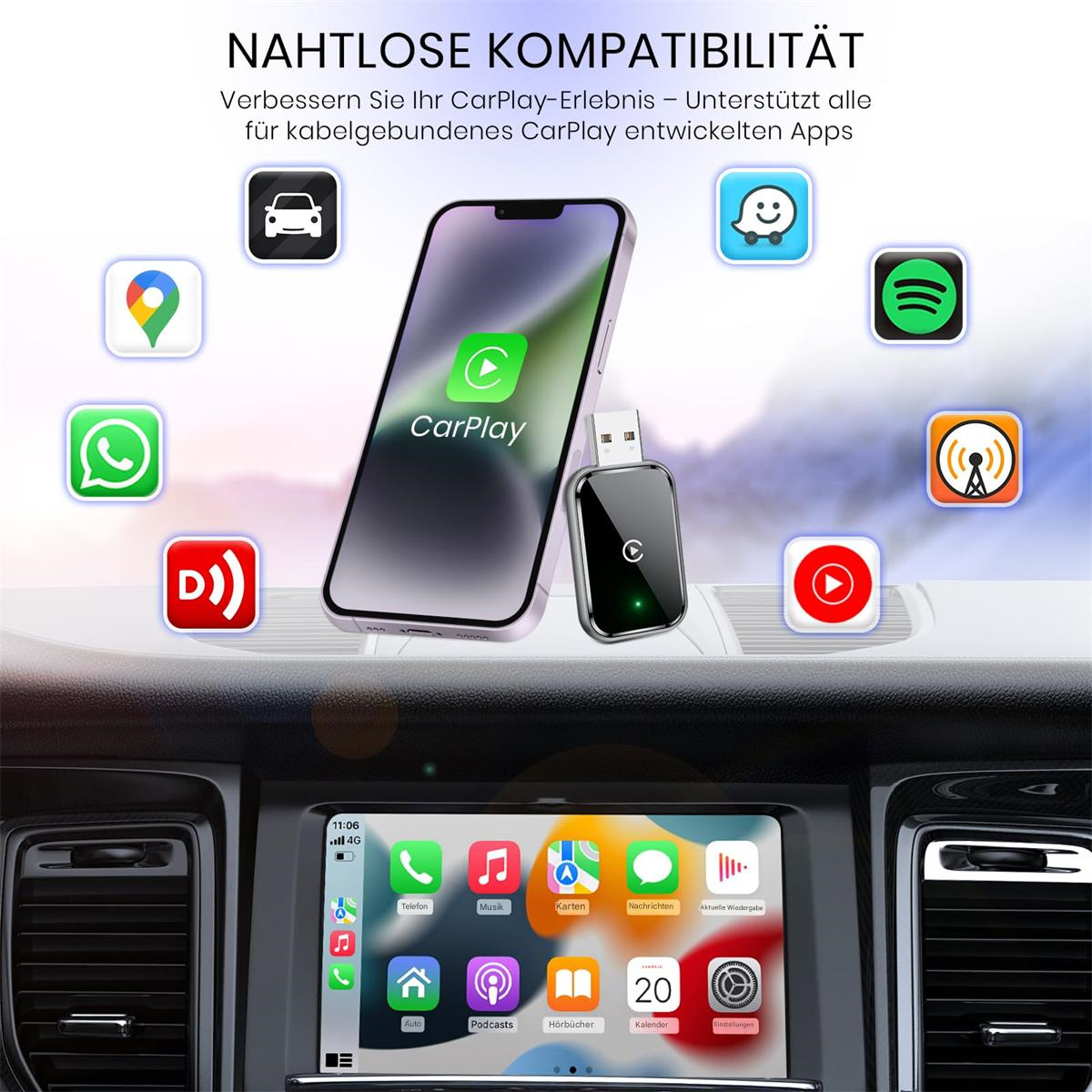 CarPlay auf dem Telefon, schwarzes Gerät verbunden, verschiedene App-Symbole, Armaturenbrett.