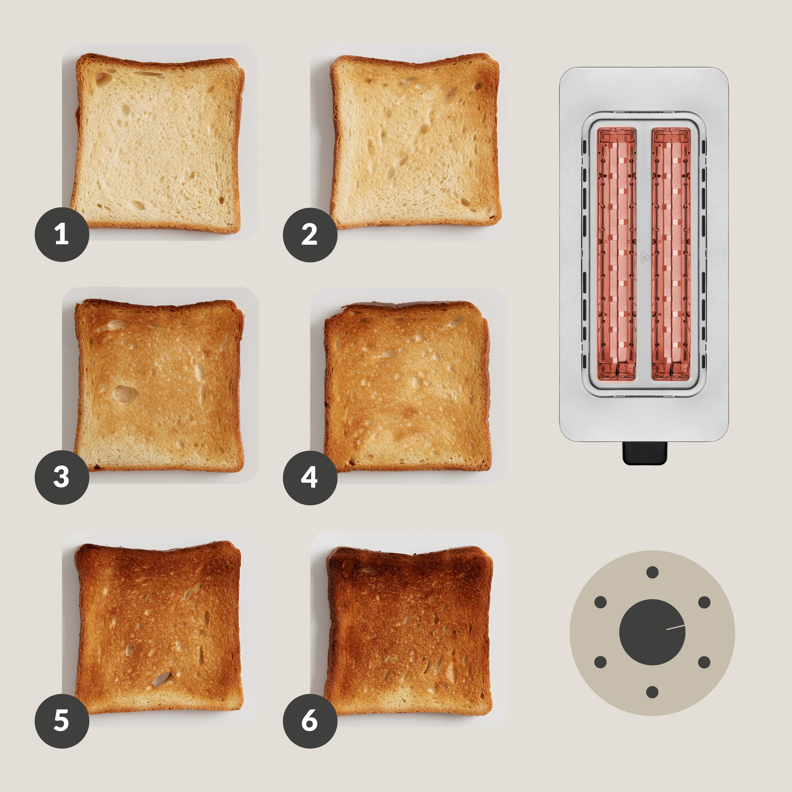 Sekwencja opiekania: kromki chleba się opiekają. Różne stopnie zarumienienia.
