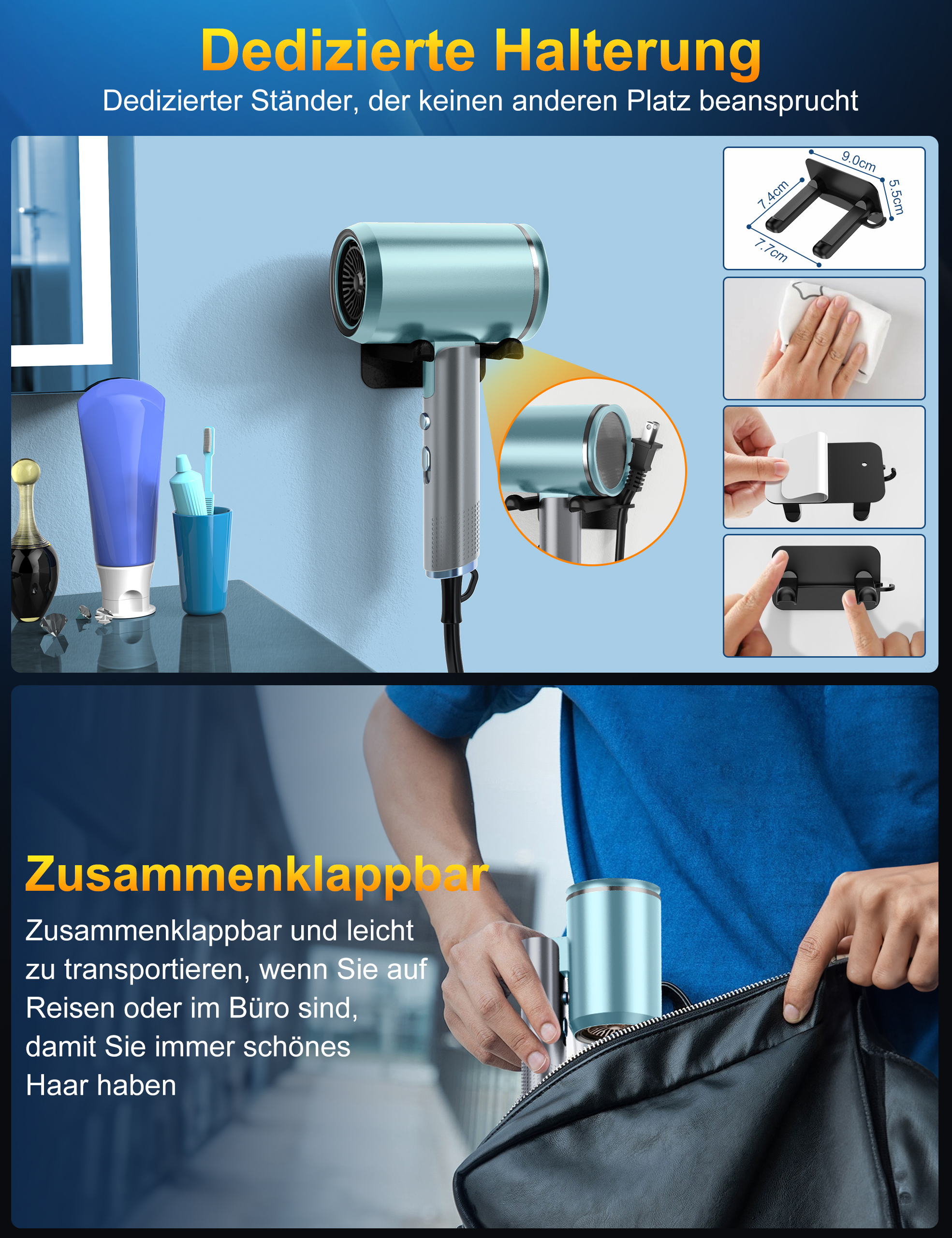 Haartrockner mit speziellem Halter. Der Text zeigt, wie der Trockner zusammengeklappt und in eine Tasche gelegt wird.