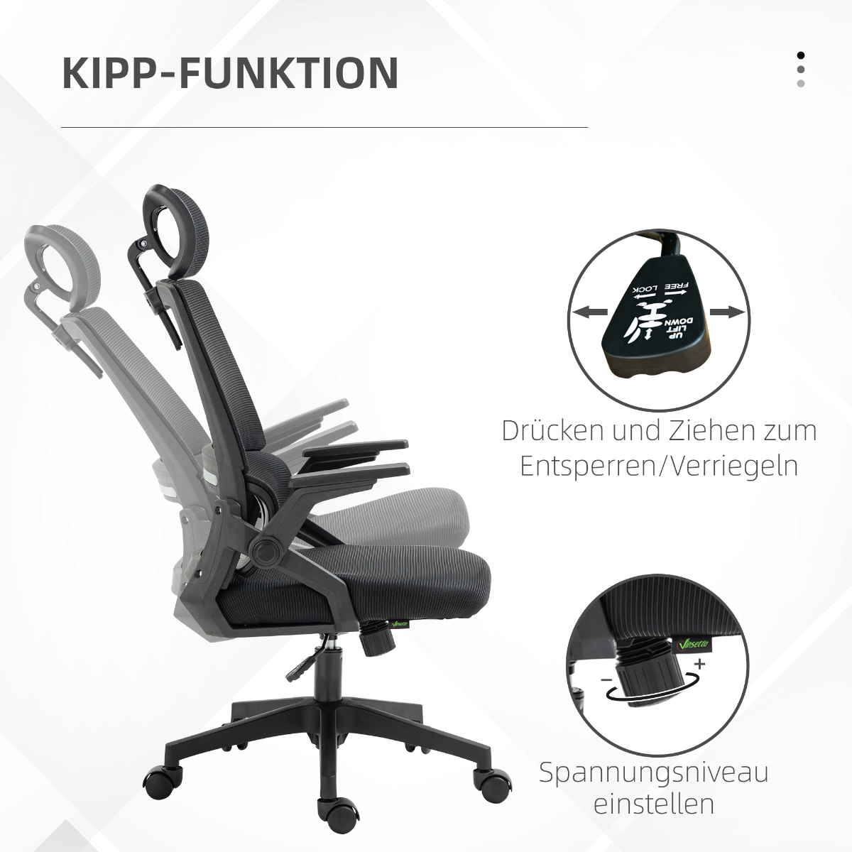 Ein Bürostuhl in geneigter Position, mit Diagrammen, die die Einstellung von Spannung und Neigung zeigen.