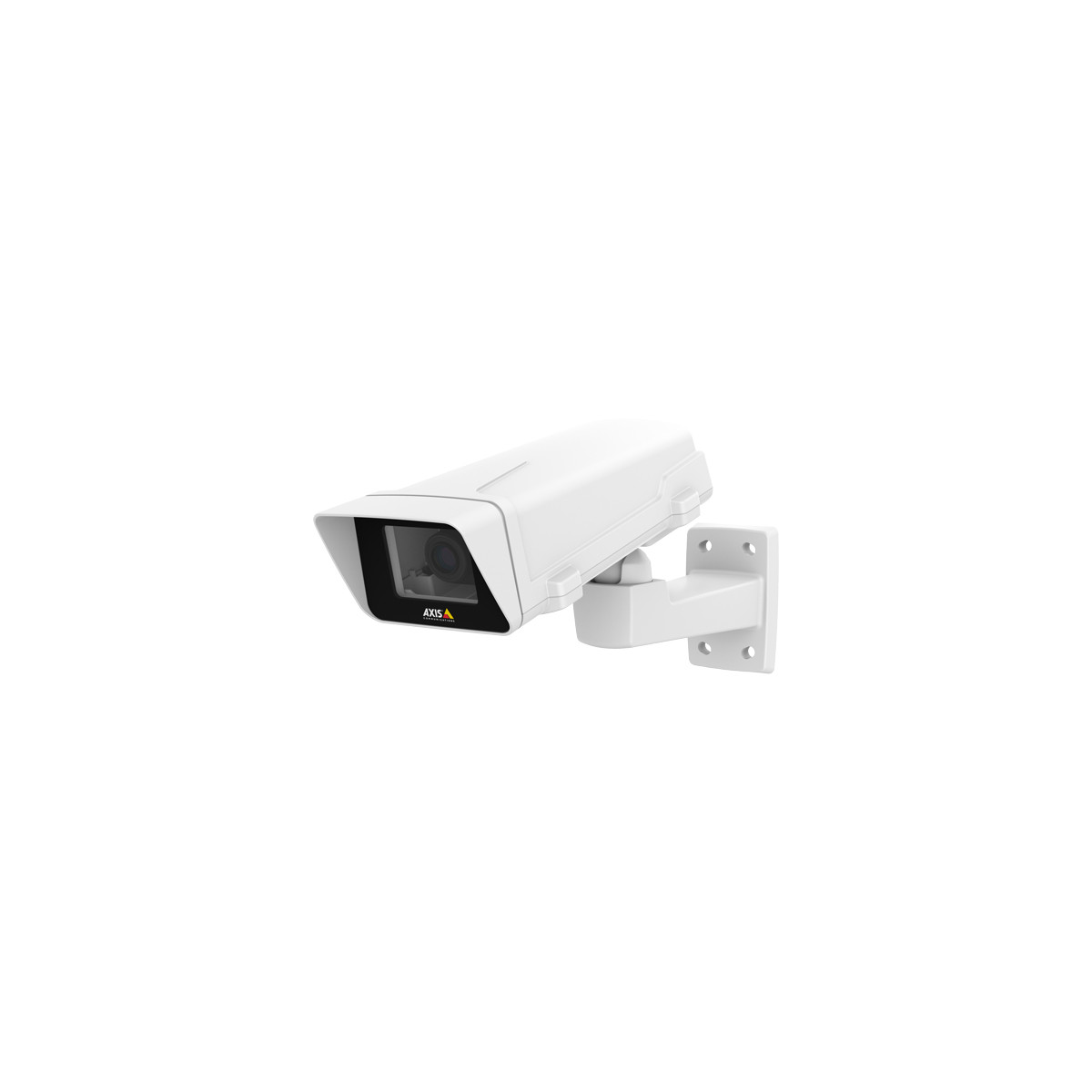 Telecamera di sicurezza bianca, forma cilindrica con lente nera. Montata su una staffa bianca.
