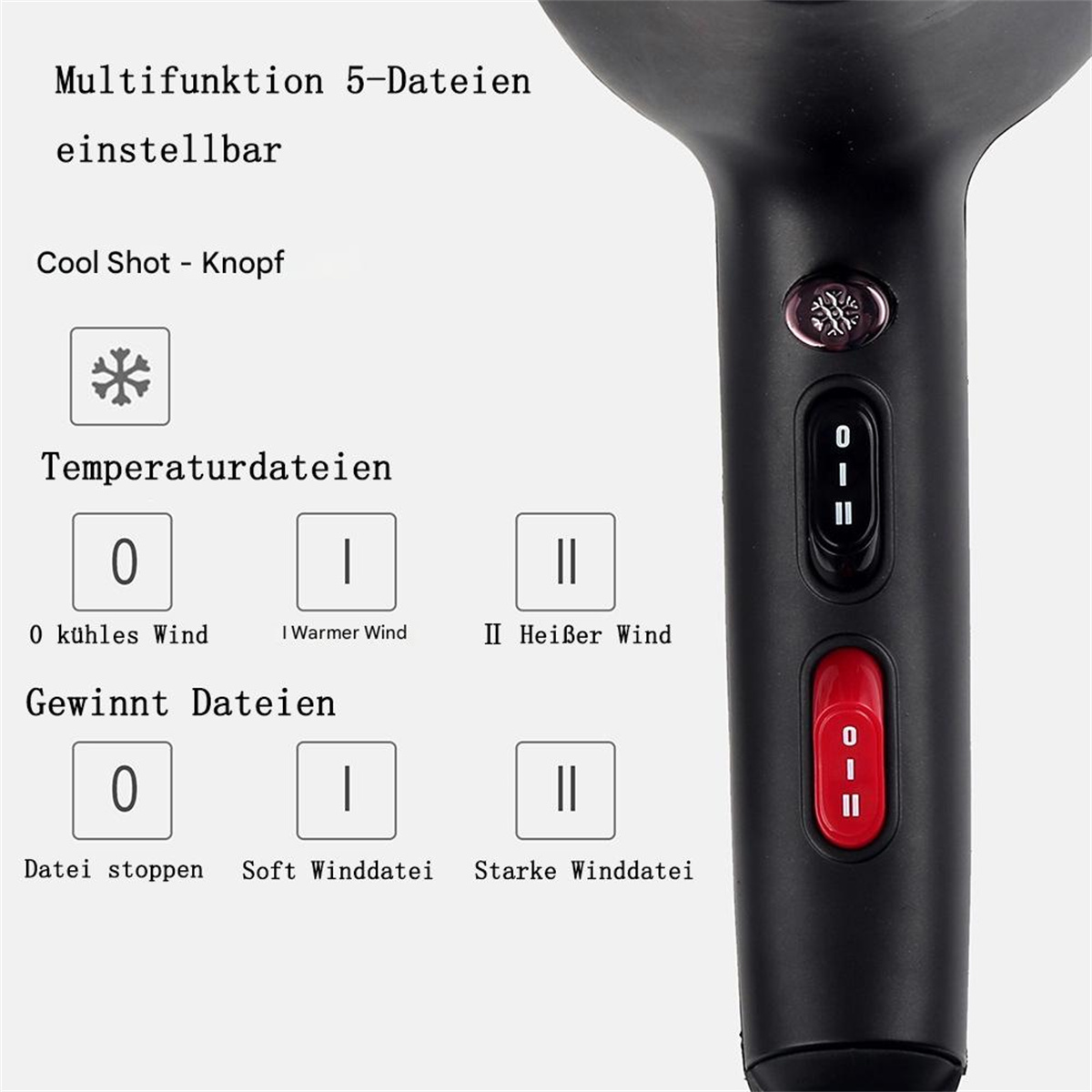 Nahaufnahme eines schwarzen Haartrockners mit Bedienelementen.