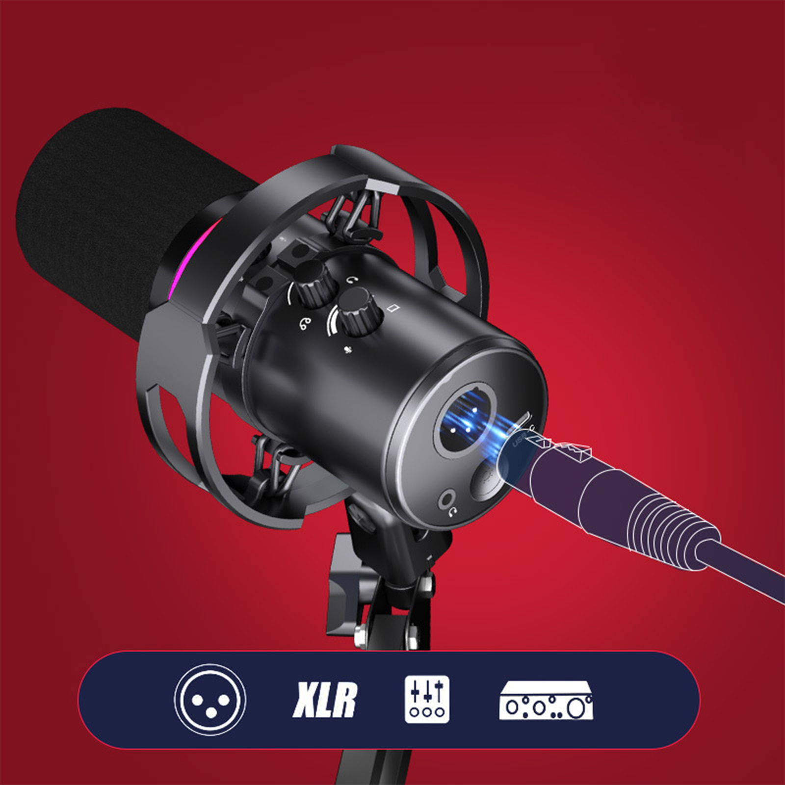 Ein schwarzes Mikrofon mit Ständer. Es hat Knöpfe und einen Anschluss für ein XLR-Kabel. Der Hintergrund ist rot.