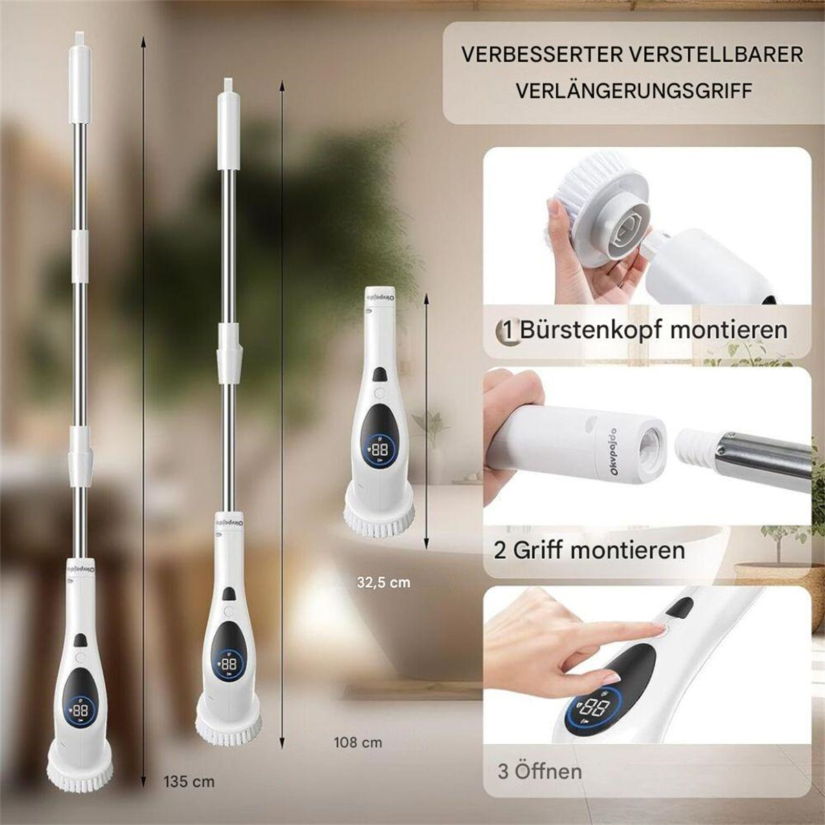 Drei weiße, ausziehbare Scheuerbürsten. Ein Diagramm zeigt, wie man die Bürste montiert, mit Maßen.