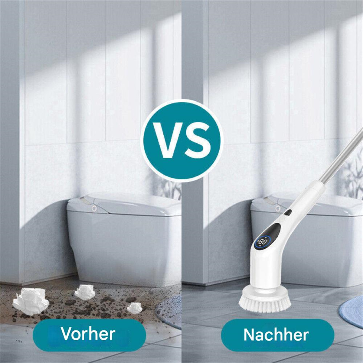 Bild zeigt eine Reinigungsbürste, Vergleich vorher/nachher beim Reinigen einer Toilette.