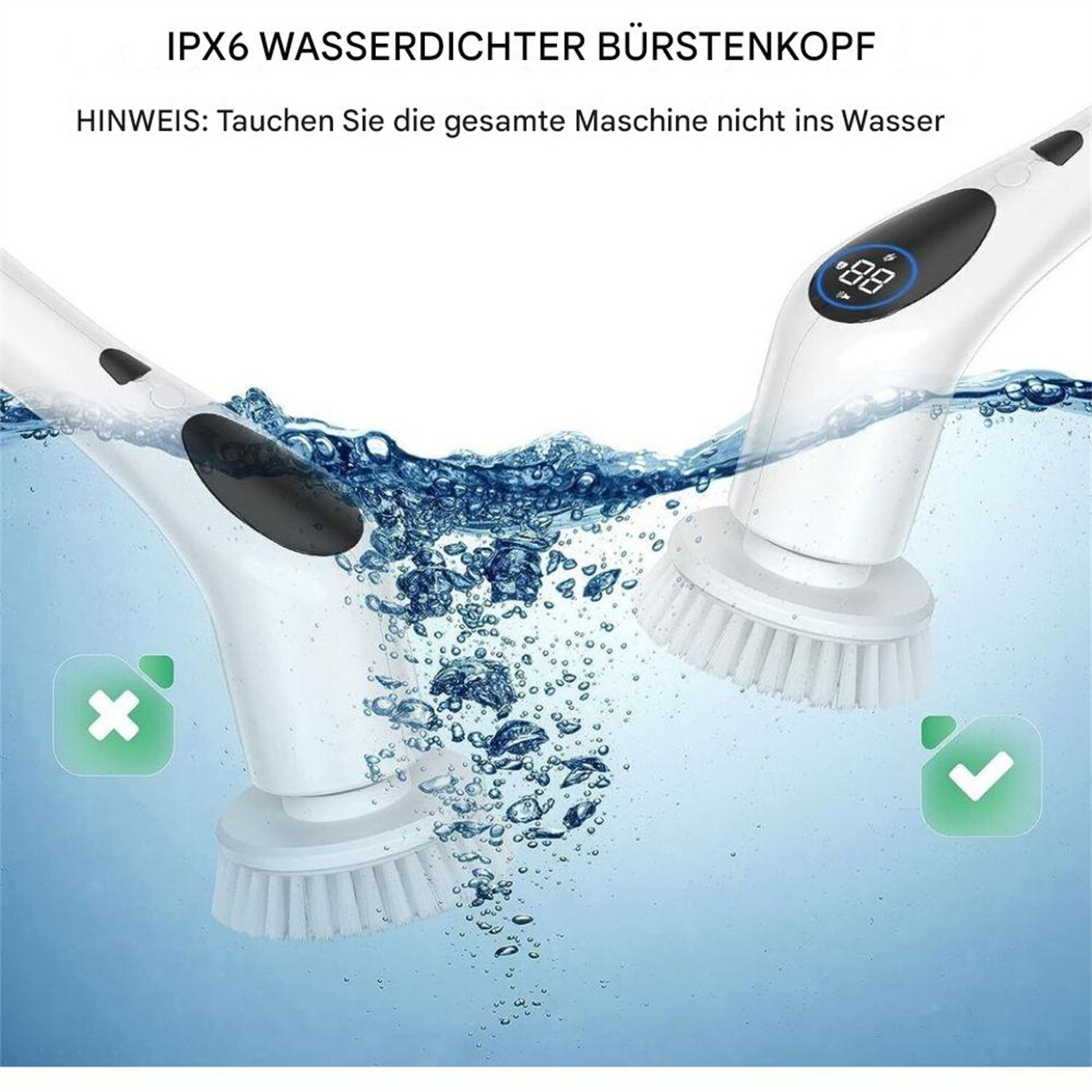 Elektrische Reinigungsbürste. Weiß mit blauem Wasser und Blasen im Hintergrund. Text: 'IPX6 WASSERDICHT'.