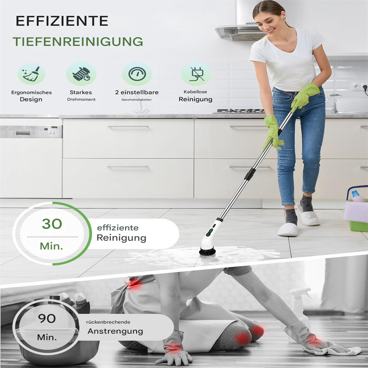 Frau benutzt einen Bodenreiniger. Grafiken zum Reinigen. Wörter wie ergonomisch und Reinigen.