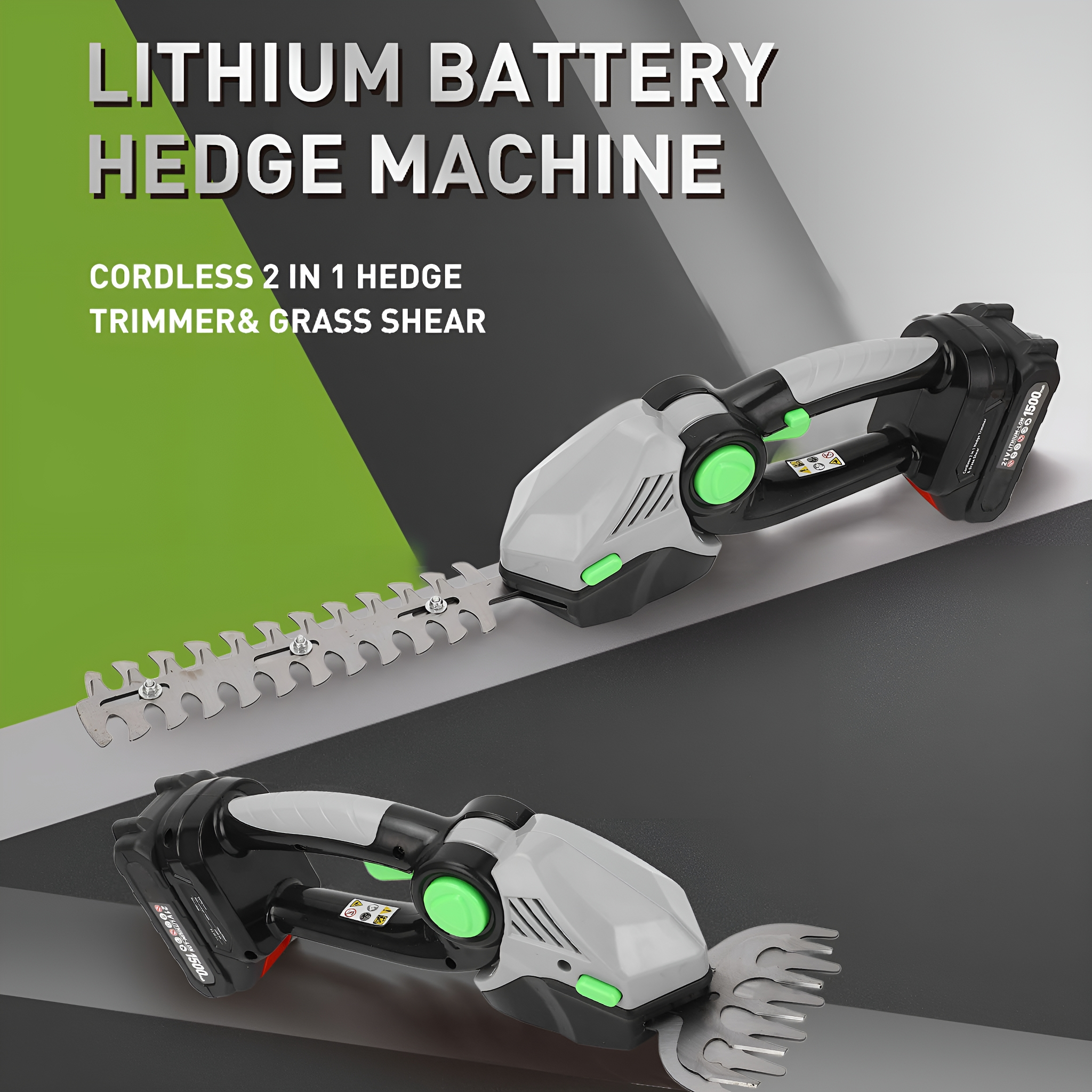 Akku-Heckenschere und Grasschere. Grau und schwarz, mit grünen Knöpfen. Text sagt "Lithium-Batterie."
