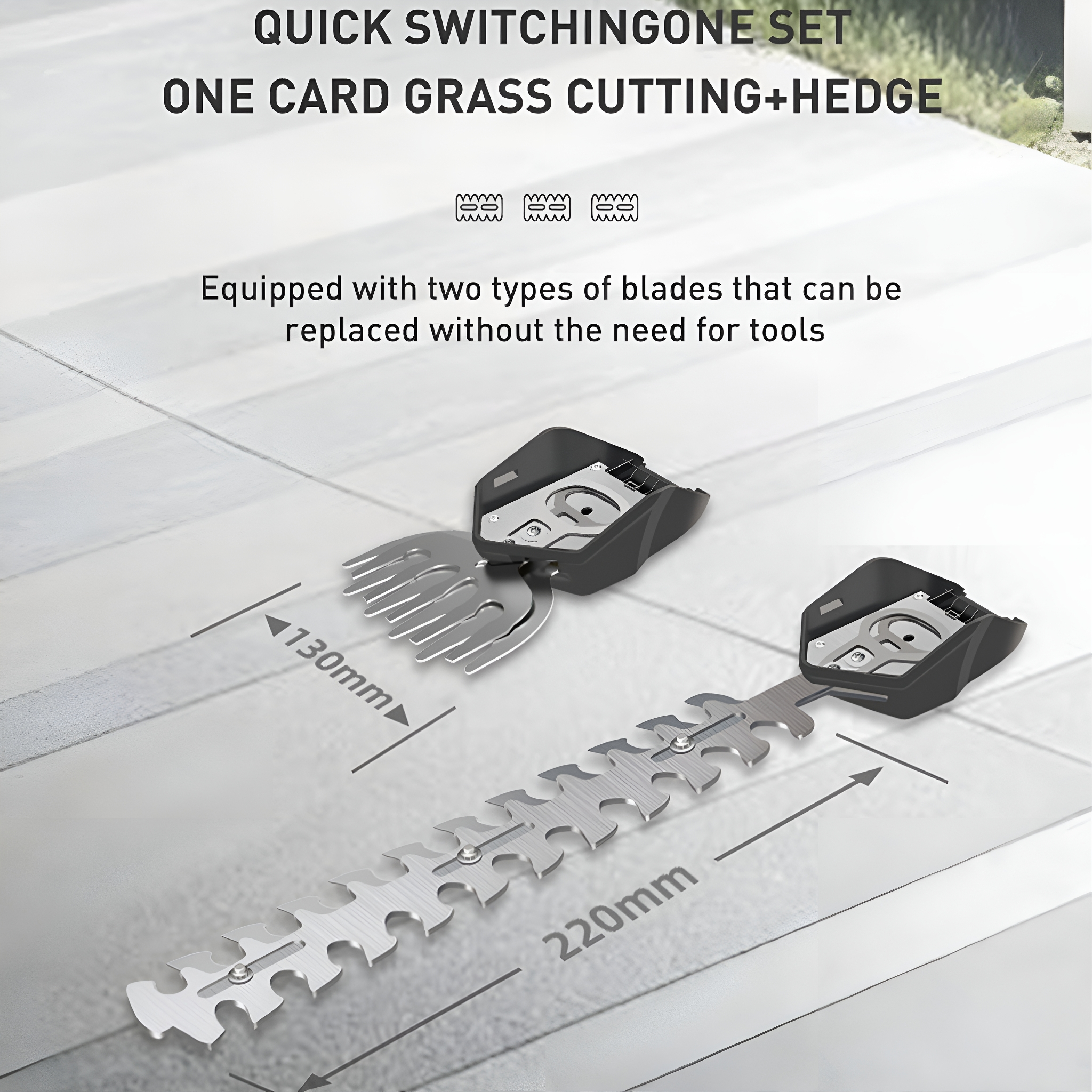 Zwei Rasenmäherklingen mit Text. Der Text lautet 'Quick Switching One Set' und 'One card grass cutting+hedge'.