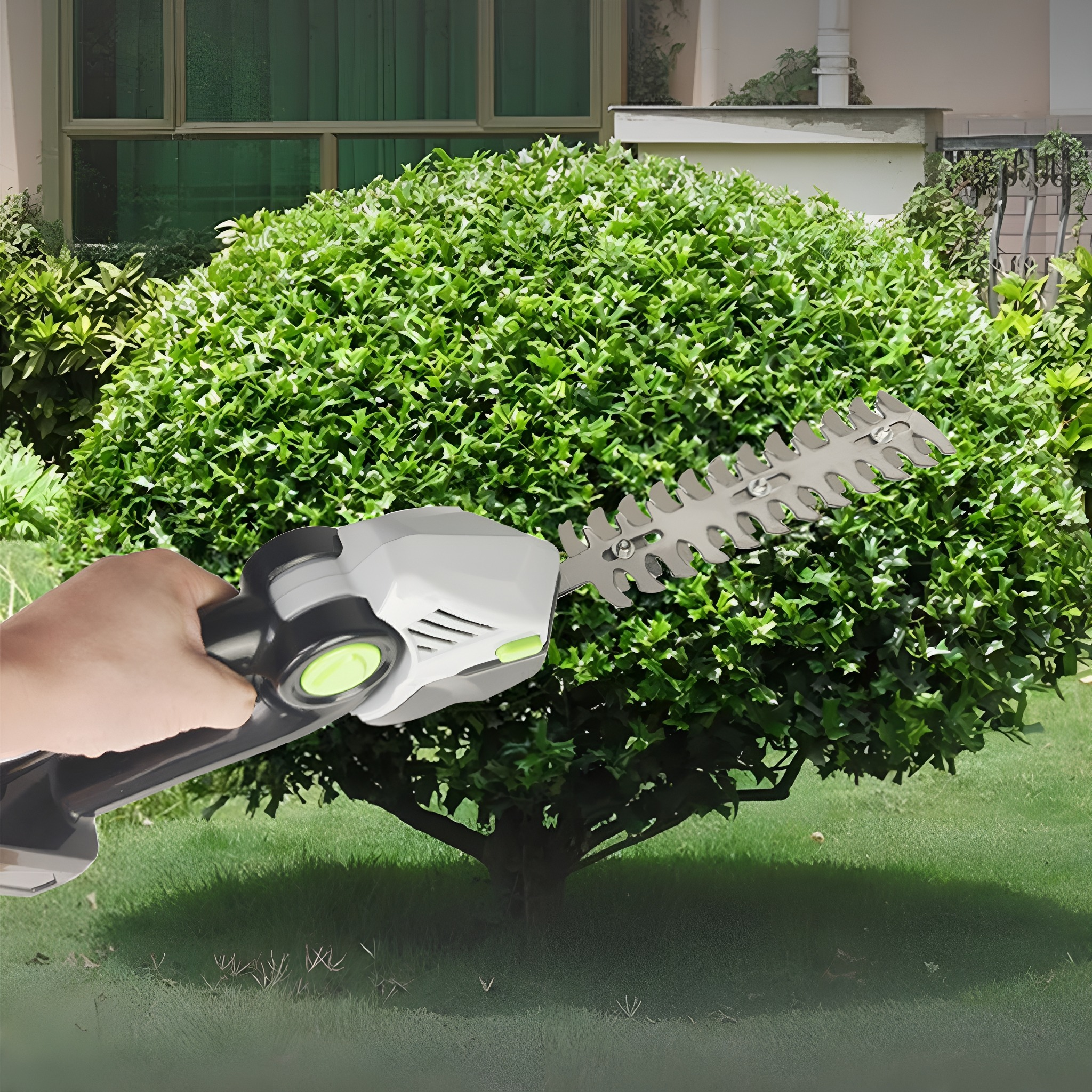 Eine Person, die eine Heckenschere benutzt, um einen Busch im Garten zu schneiden.