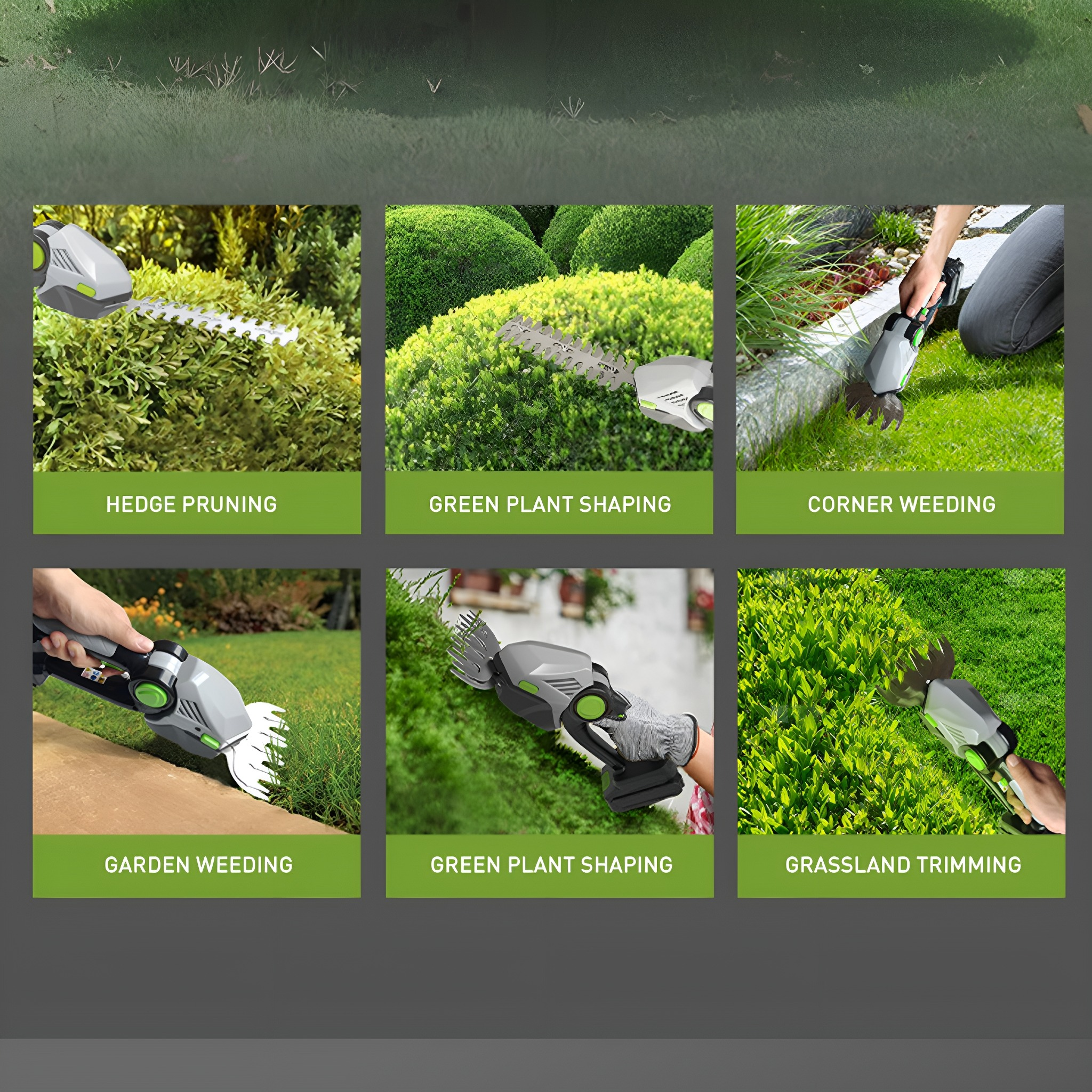 Sechs Bilder, die verschiedene Anwendungen einer Heckenschere zeigen, mit Beschriftungen wie Heckenschnitt und Grastrimmen.
