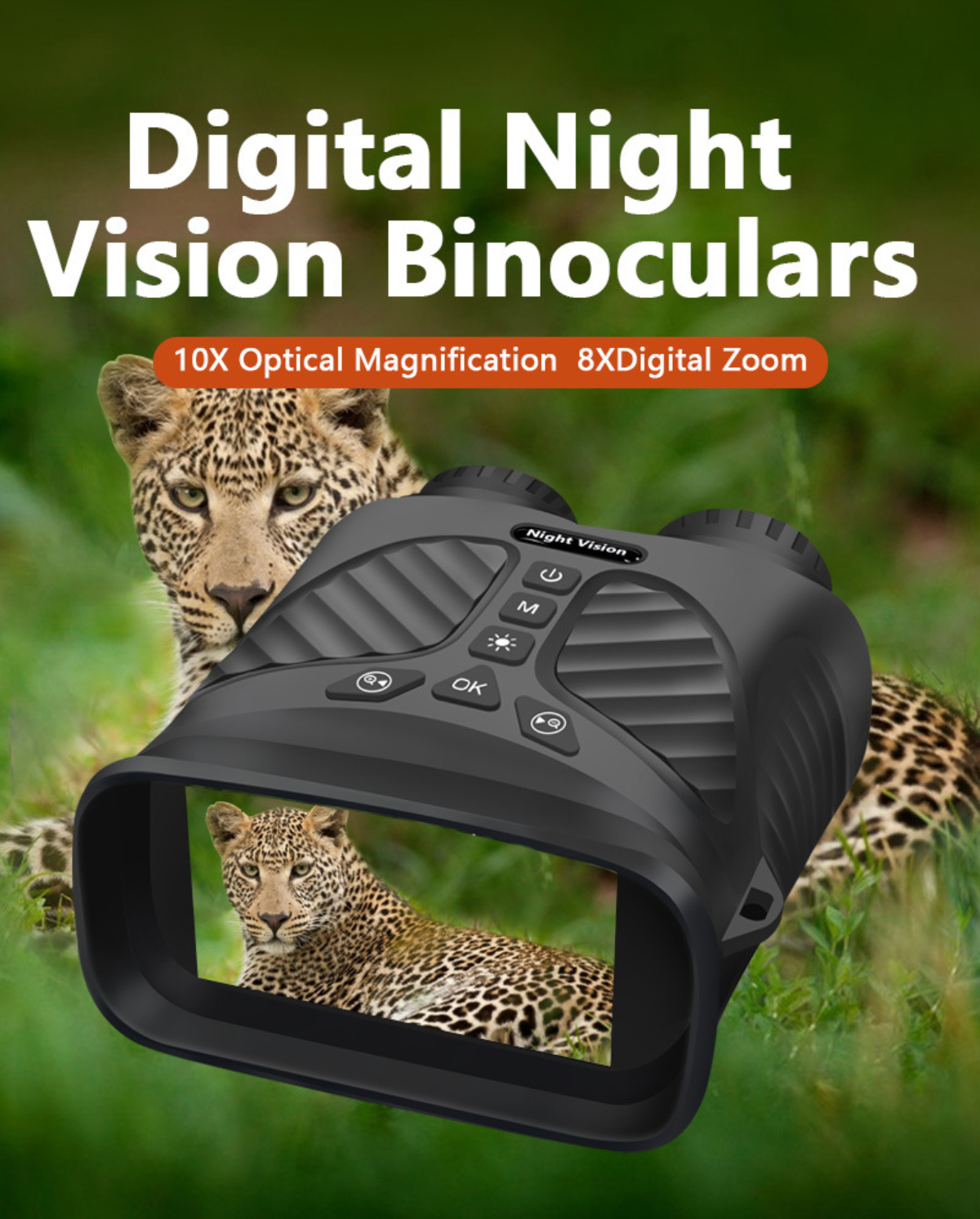 Digitales Nachtsichtfernglas mit Leopard im Hintergrund.