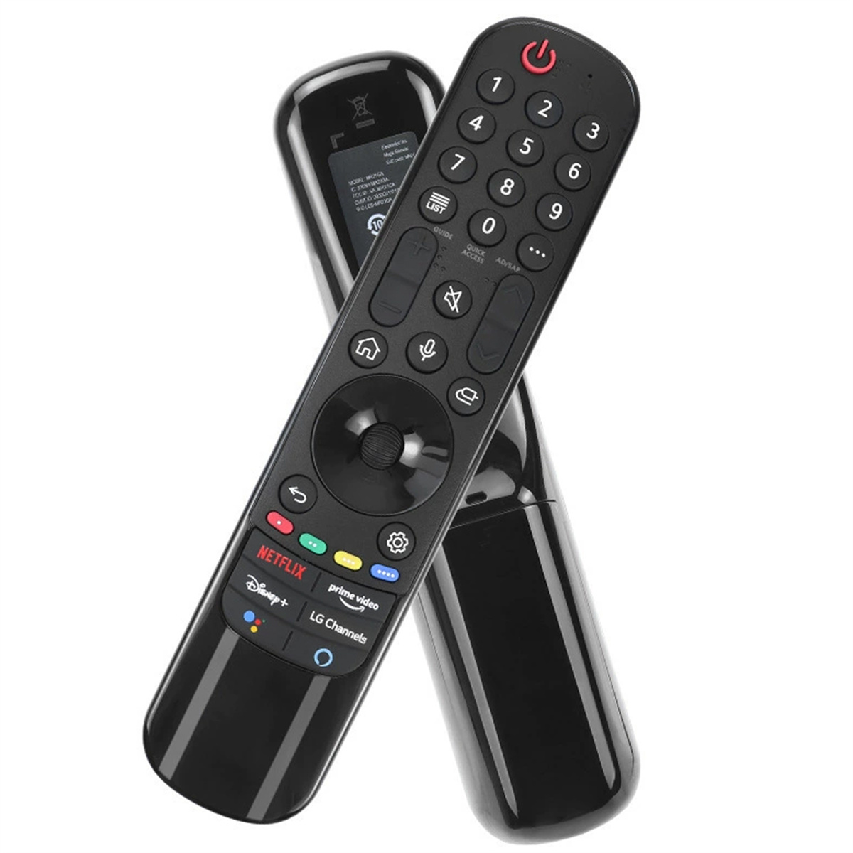 Zwei schwarze LG TV-Fernbedienungen. Eine ist angewinkelt und die andere darunter.