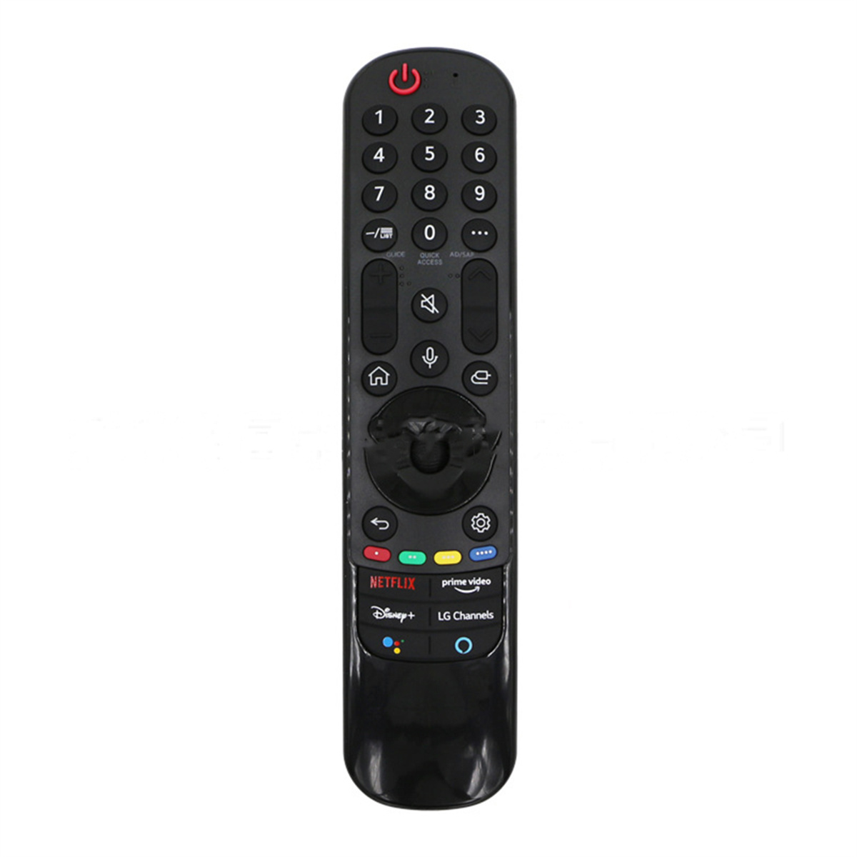 Eine schwarze TV-Fernbedienung mit vielen Knöpfen. Der obere Knopf ist ein roter Ein-/Ausschalter.