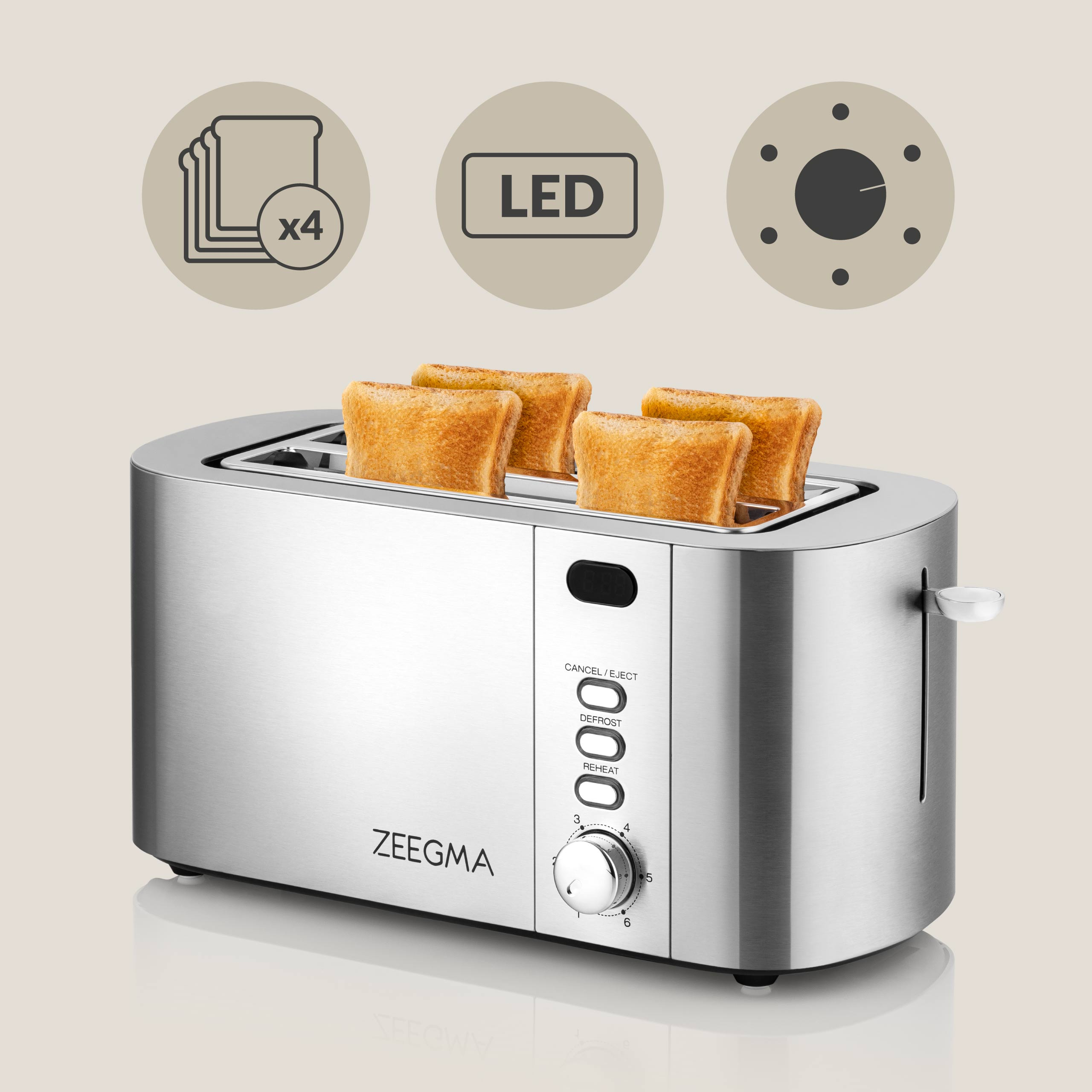Srebrny toster z czterema kromkami tostów. Ma przyciski i pokrętło do ustawień.