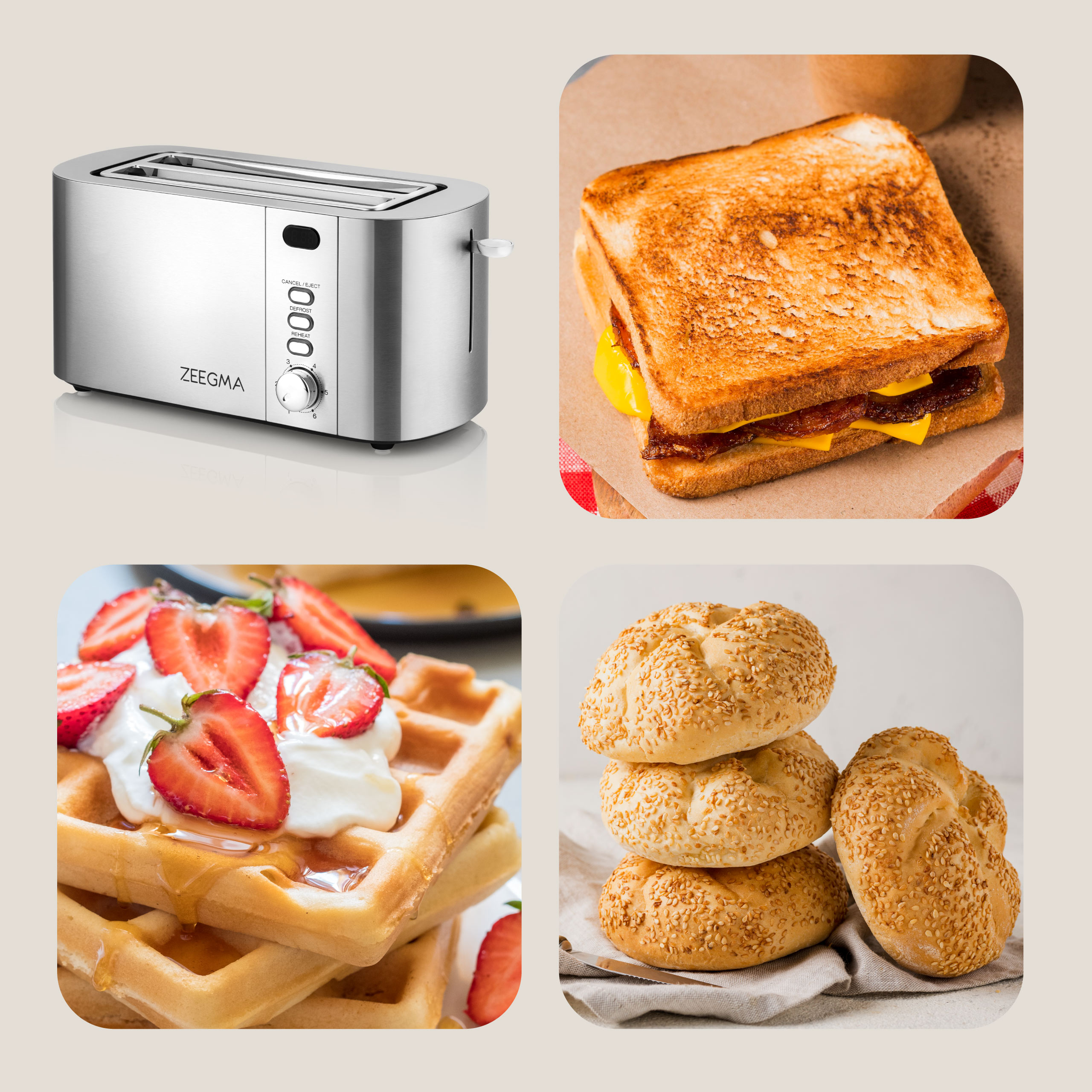 Broodrooster, sandwich, wafels met aardbeien en sesambagels op lichte achtergrond.