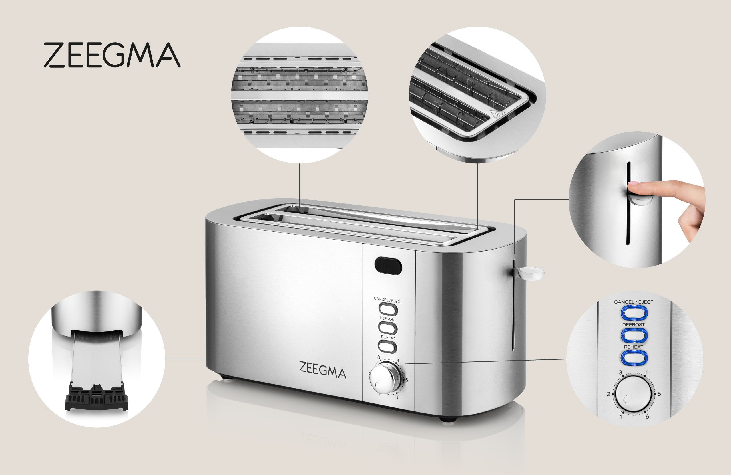 Silberner Zeegma-Toaster mit detaillierten Nahaufnahmen von Innenteilen und Bedienelementen.
