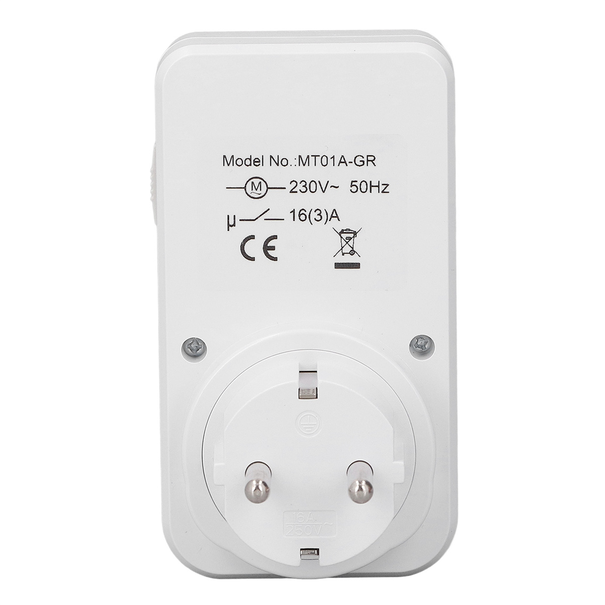 Weißer Elektroadapter mit Eurostecker, Modelldetails und Sicherheitssymbolen.