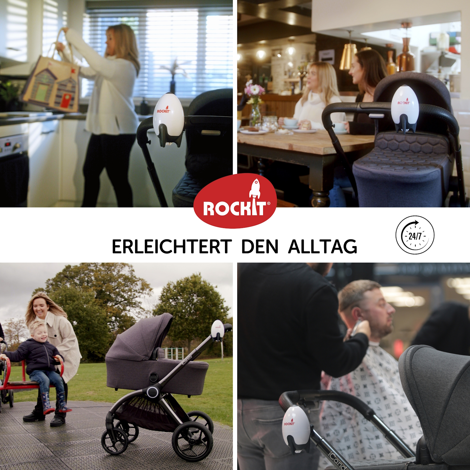Eine Collage von vier Bildern mit einem Kinderwagen mit einem weißen Gerät, das in verschiedenen Alltagsszenarien verwendet wird.