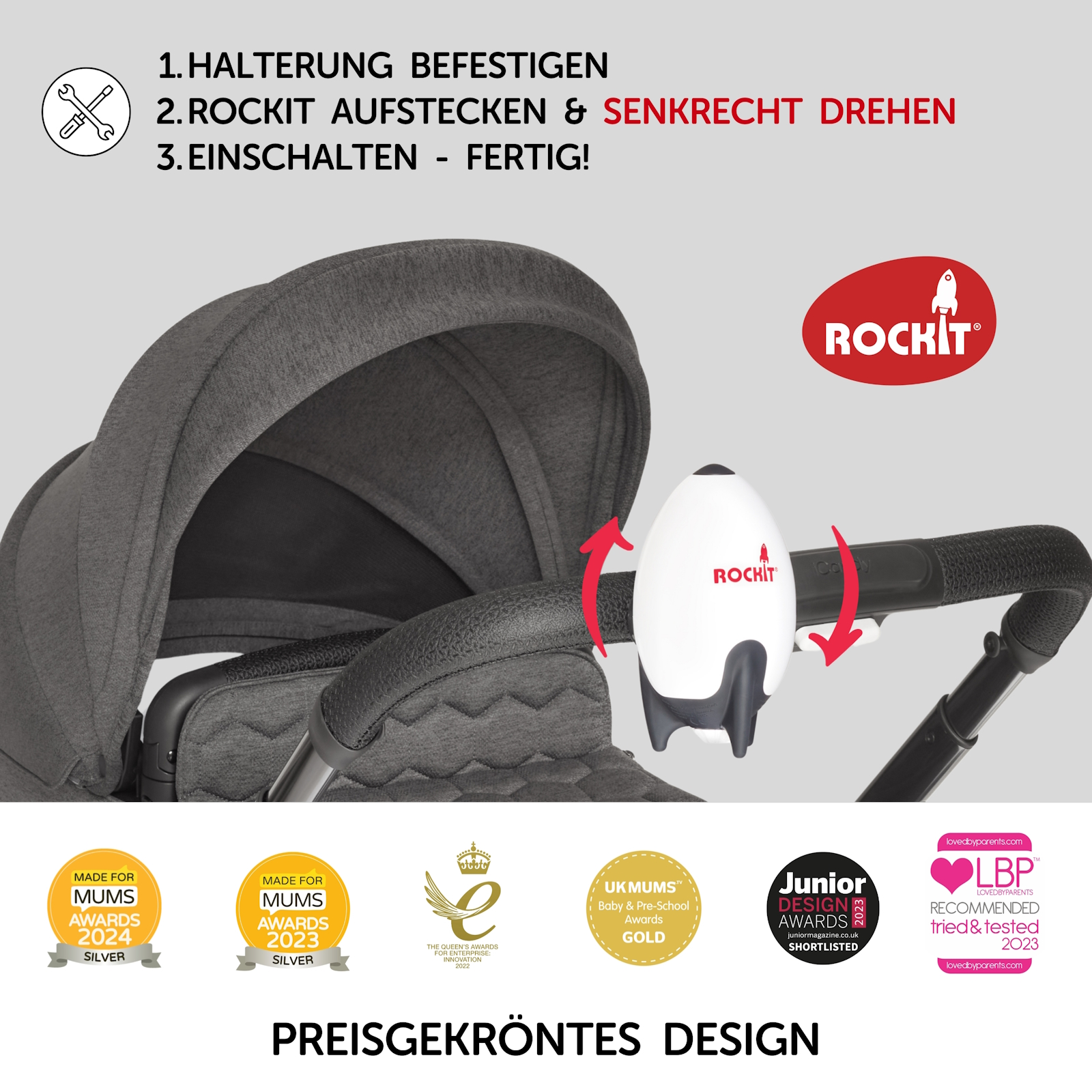 Baby-Kinderwagen mit befestigtem, weißem Gerät. Auszeichnungen und Anweisungen ringsum.