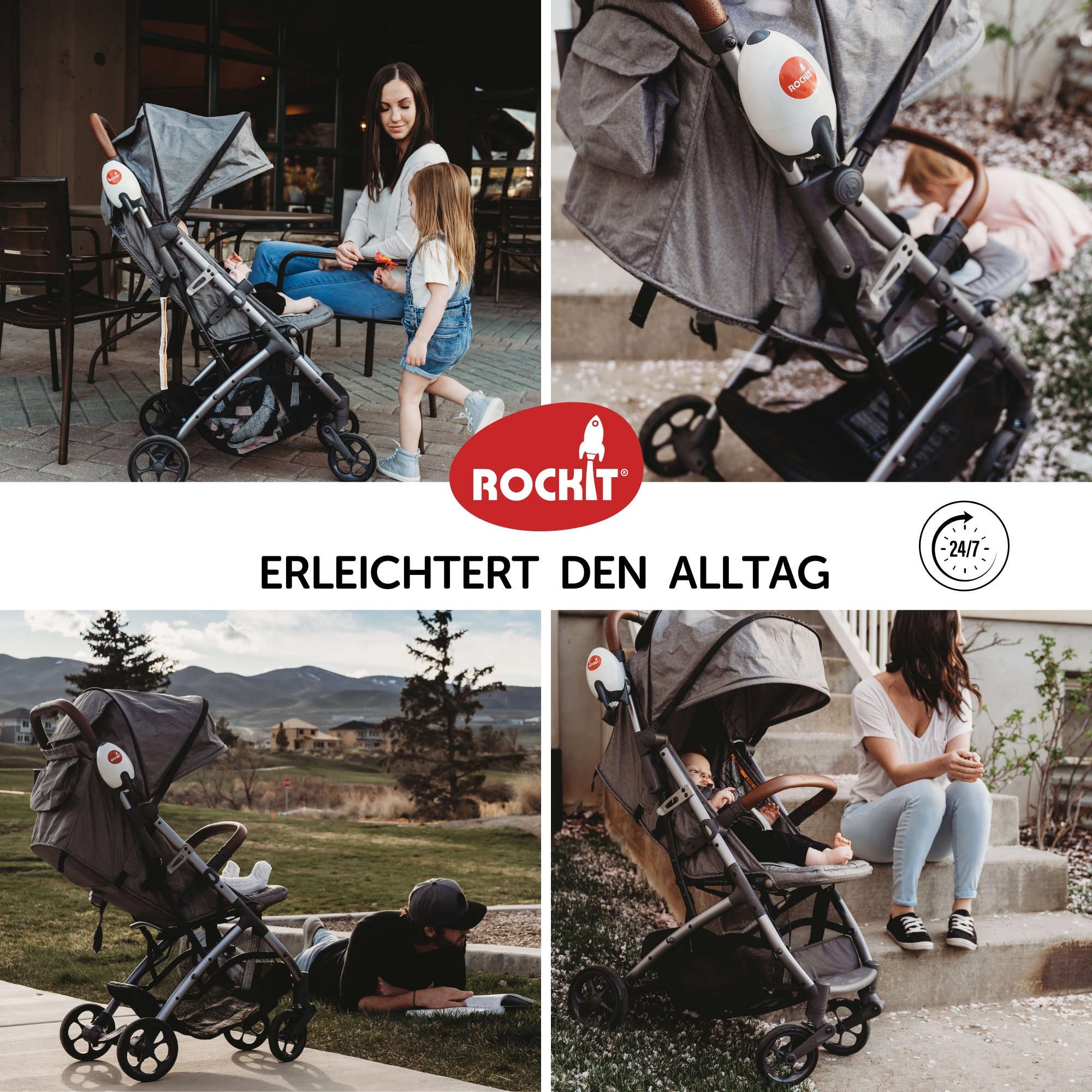 Mehrere Bilder eines Kinderwagens in verschiedenen Umgebungen, mit Frau und Kind.