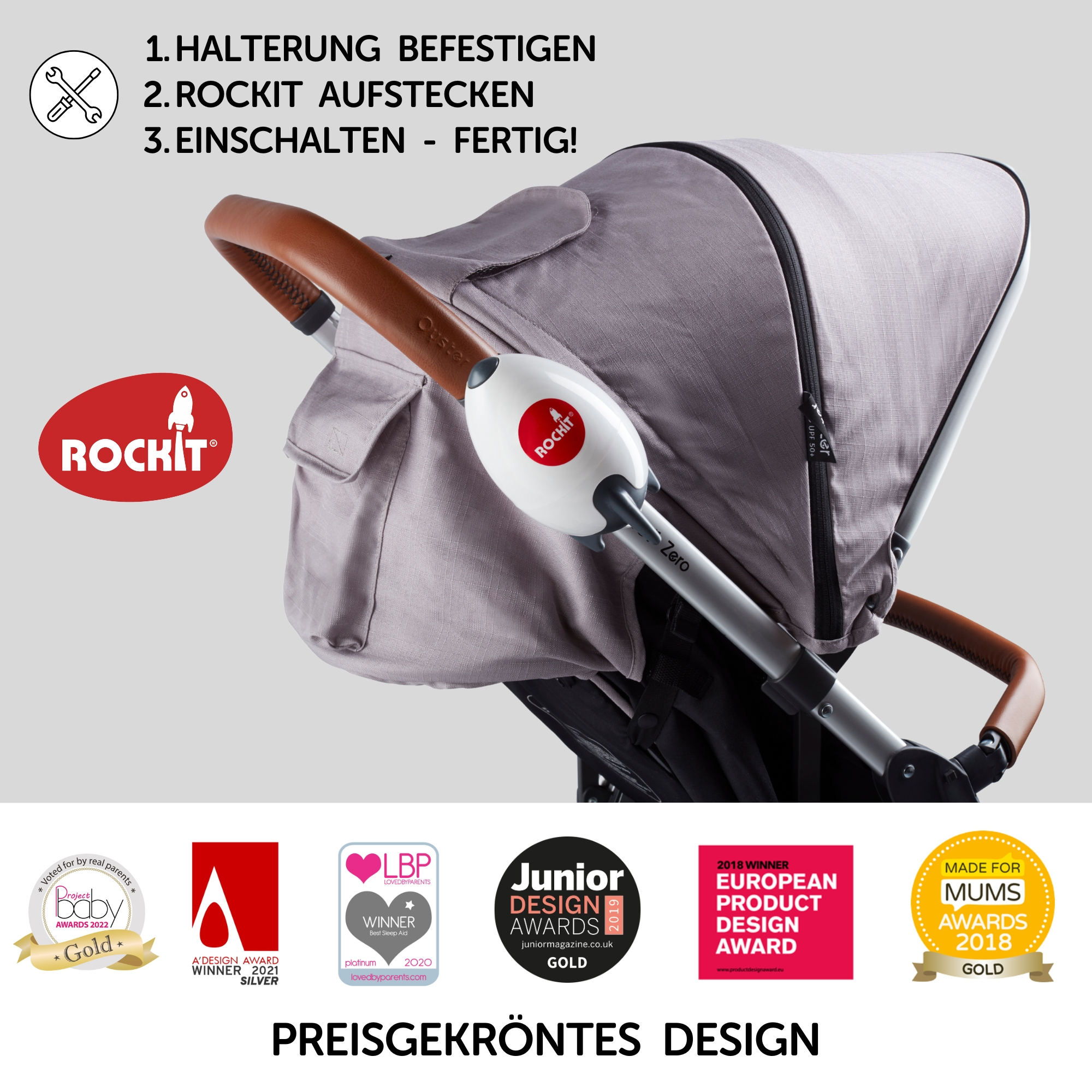 Grauer Kinderwagen mit einem Rockit-Gerät, mit Auszeichnungen.
