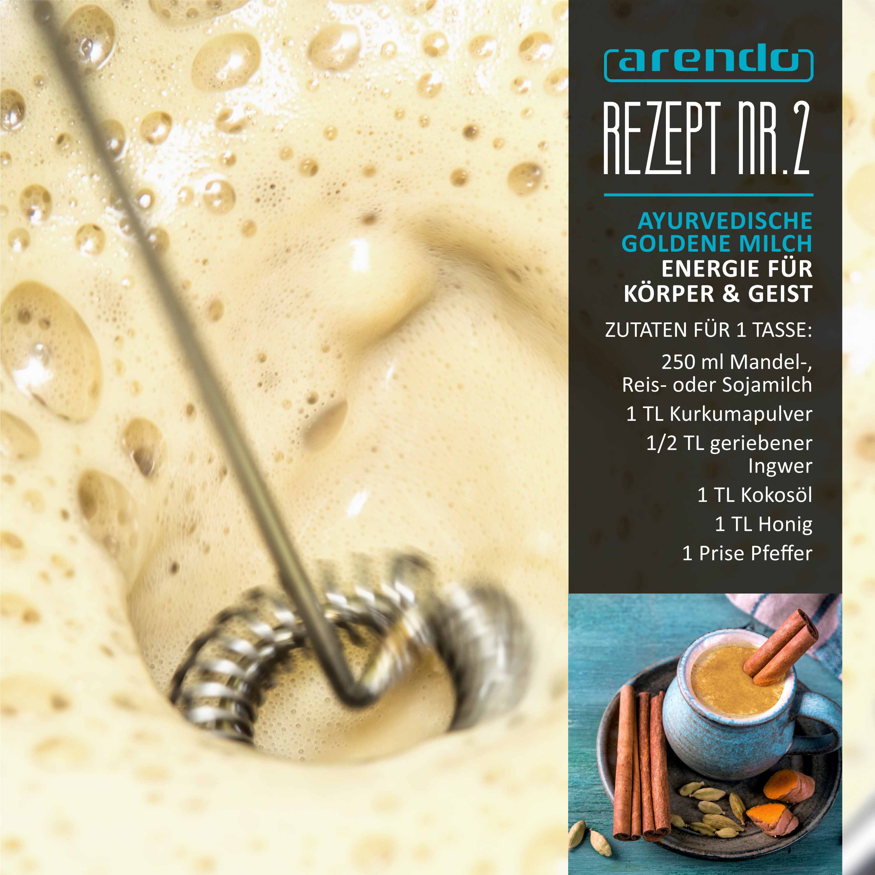 Nahaufnahme eines Getränks, das gemischt wird, Rezept für ayurvedische goldene Milch mit Zutaten daneben.