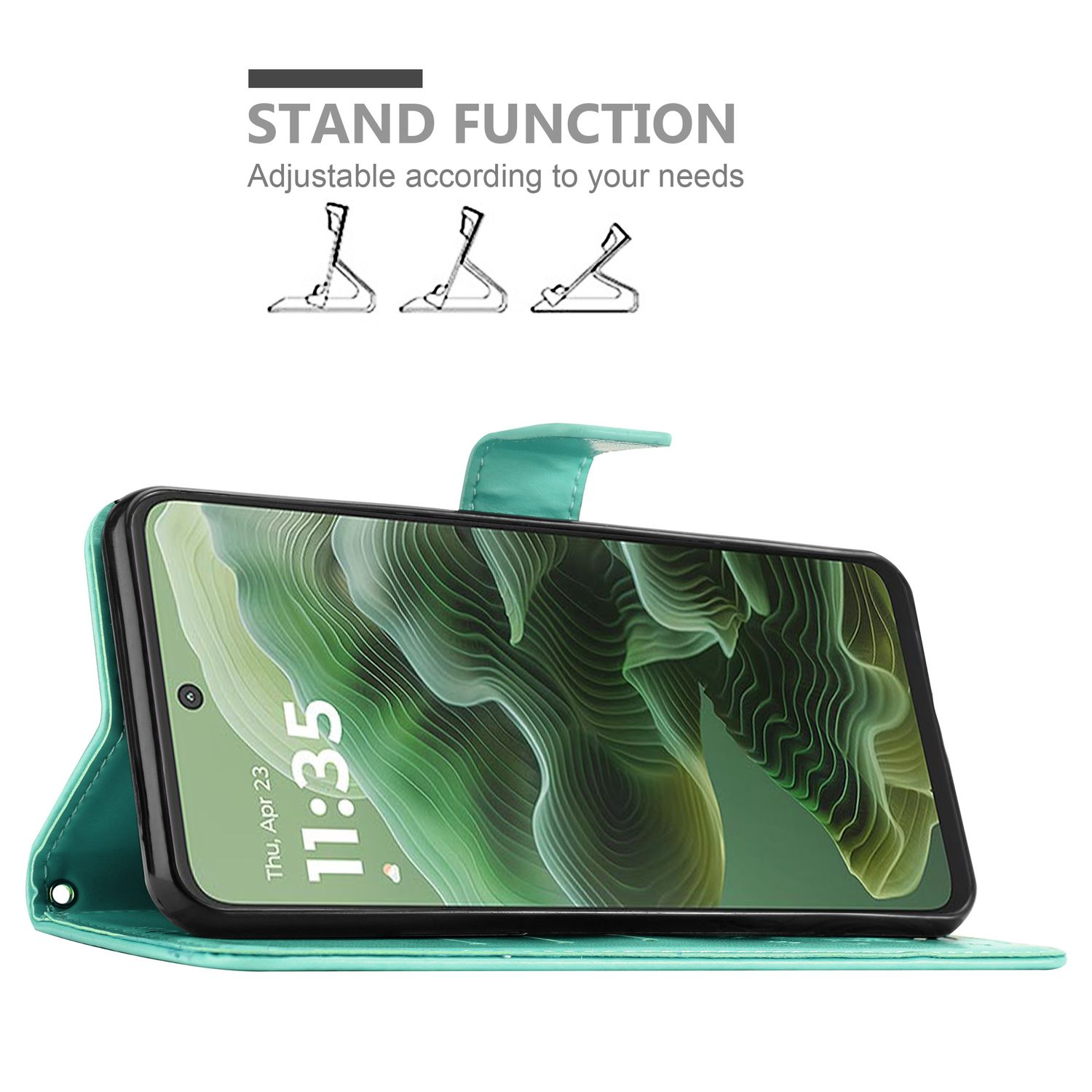 Ein Telefon in einem geöffneten Case, das den Bildschirm mit einer Uhr zeigt. Hintergrund: grünes Case.