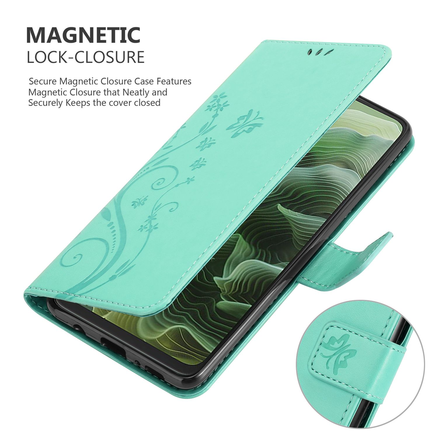 Eine grüne Handyhülle mit floralen Mustern, geöffnet, um das Telefon im Inneren zu zeigen. Es hat einen Magnetverschluss.