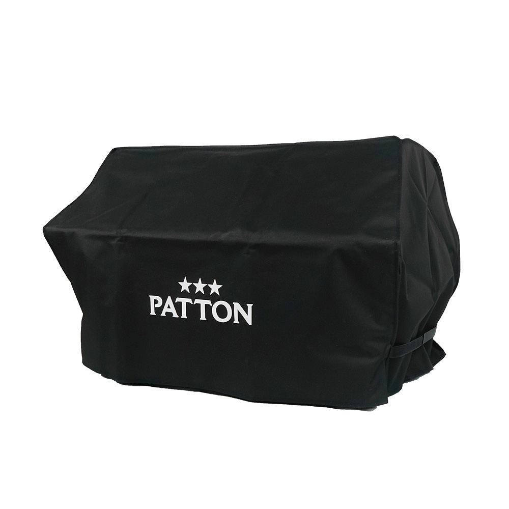 Black grill cover with white "PATTON" text and three stars on a white background.