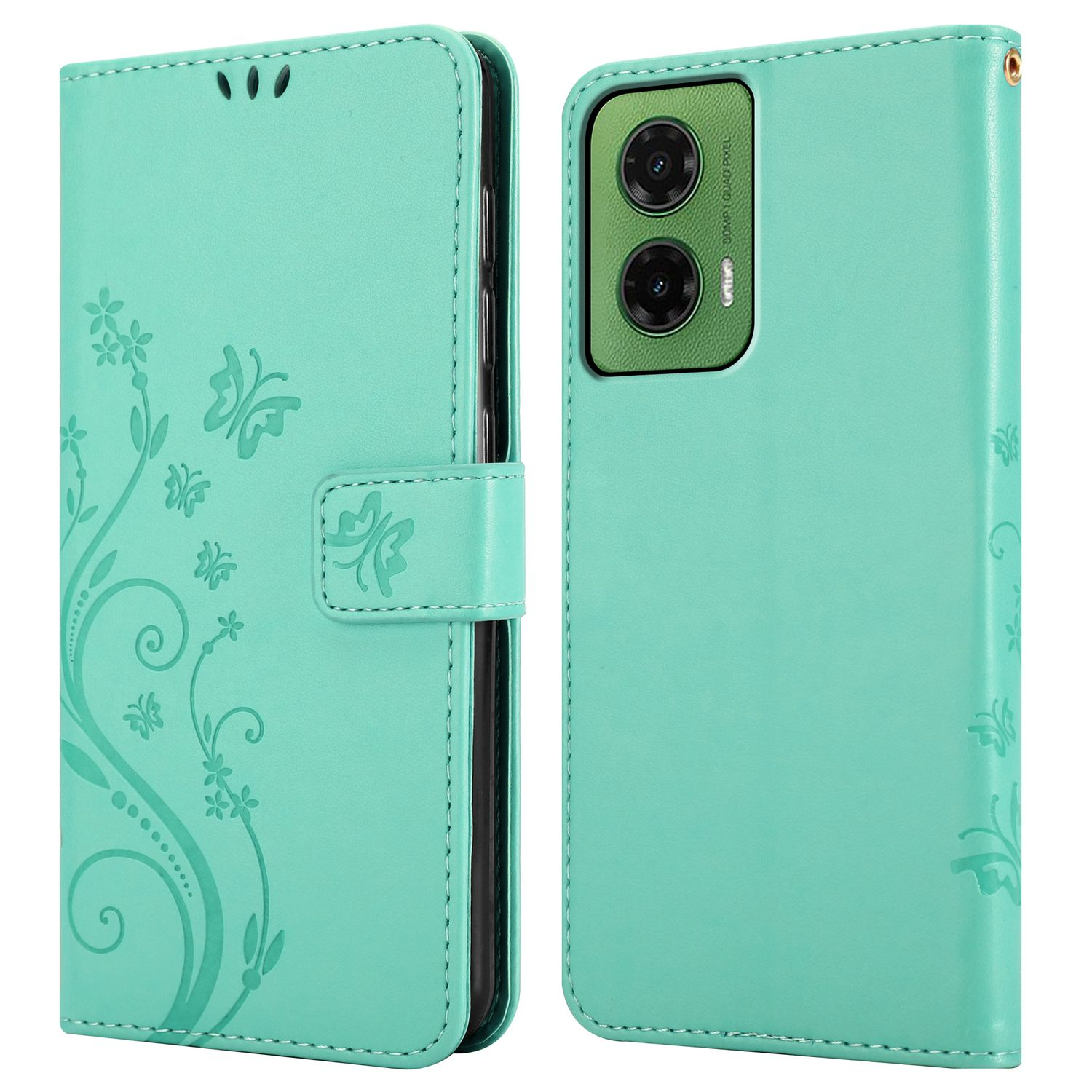 Mintgrüne Handyhülle, Vorder- und Rückansicht. Blumendesign vorne, mit Telefon innen.