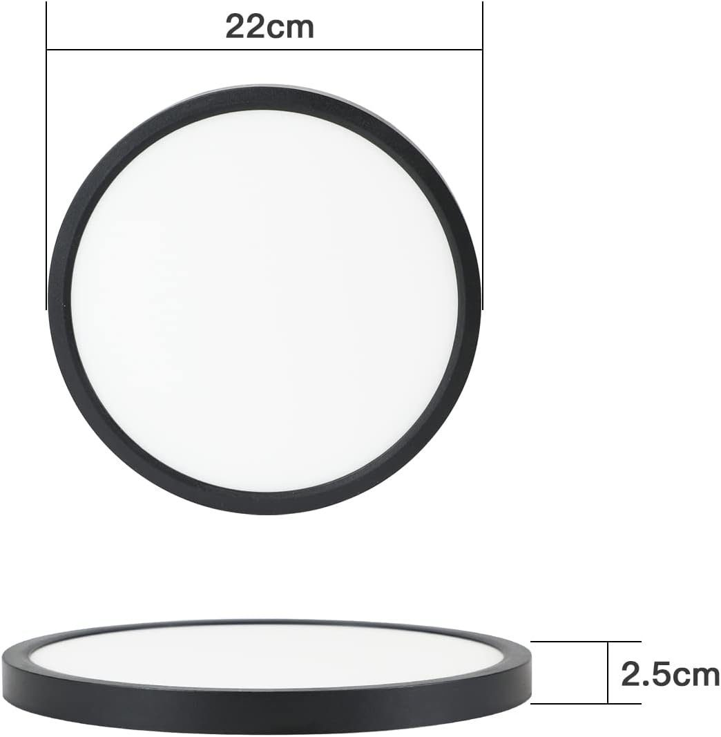 Una plafoniera a LED rotonda bianca con bordo nero. L'immagine mostra la vista dall'alto e laterale.