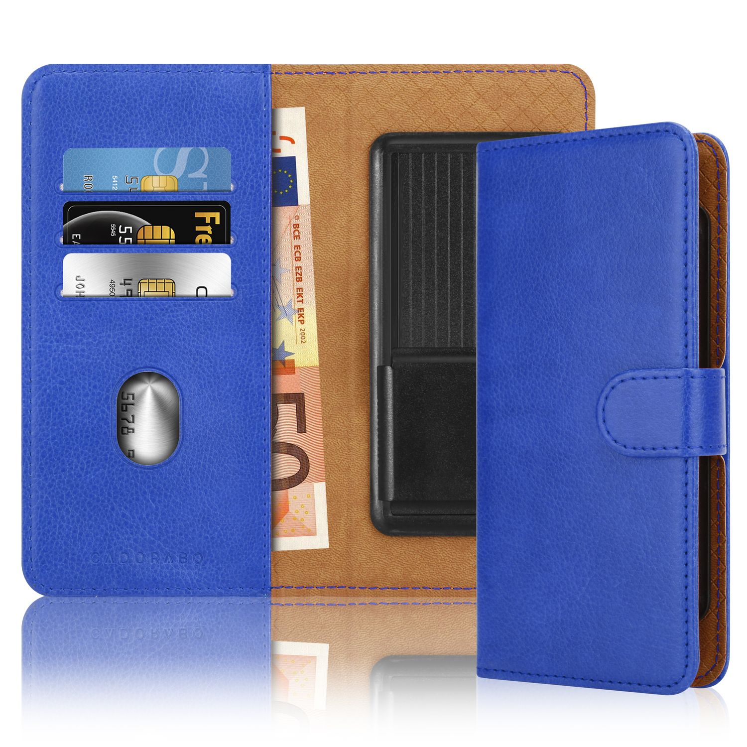 Blaue Brieftaschen-Handyhülle mit Karten, Geldscheinen und Telefon.