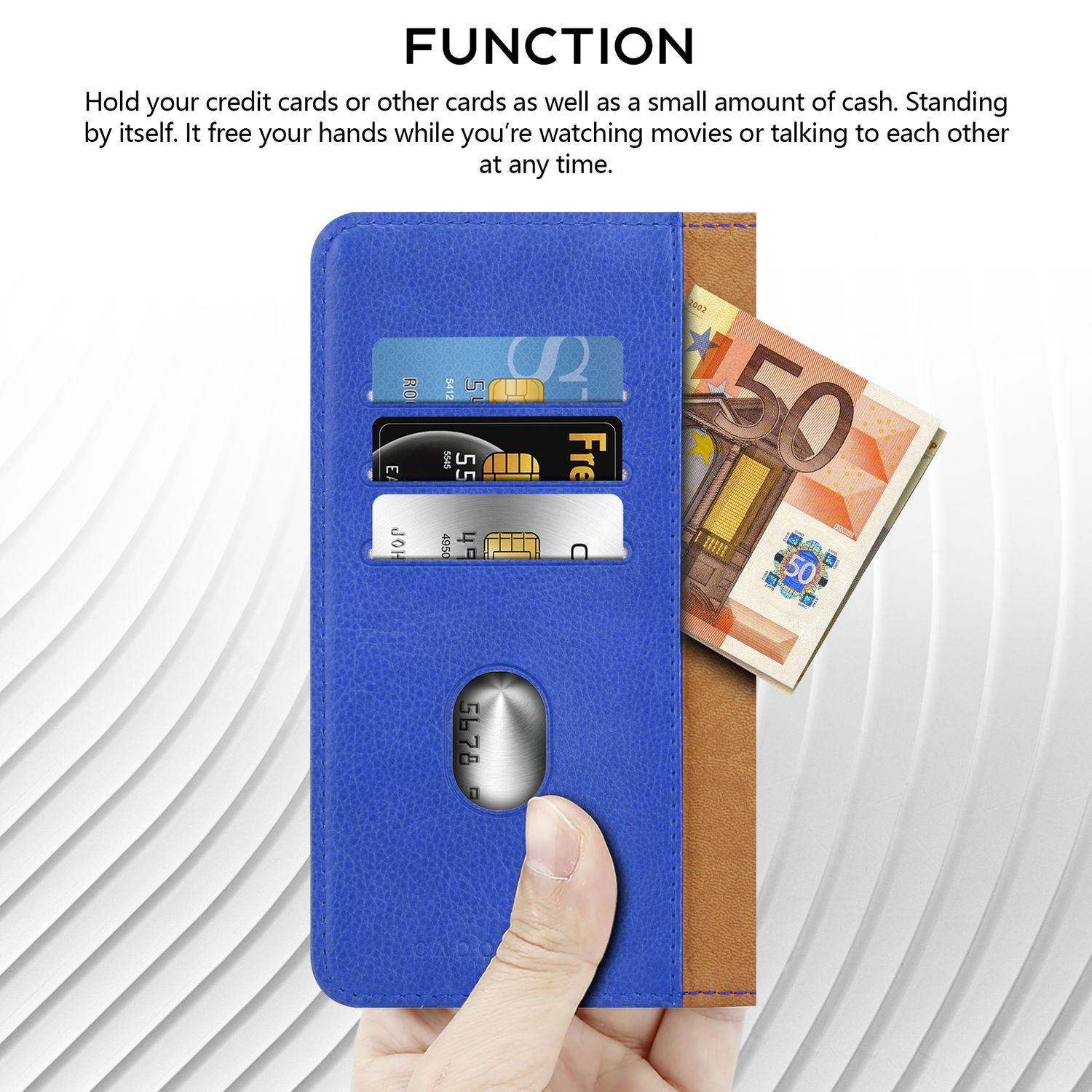 Blaue und braune Handyhülle mit Kreditkarten und einem 50-Euro-Schein.