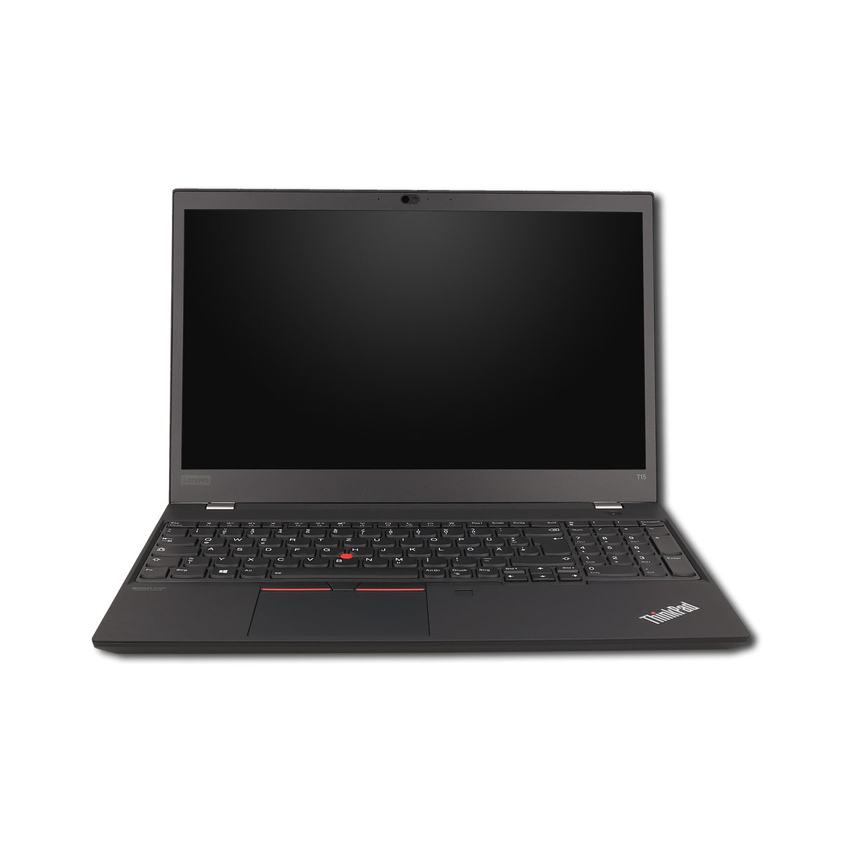 Ein schwarzer ThinkPad Laptop mit Bildschirm, Tastatur und dem ThinkPad Logo.