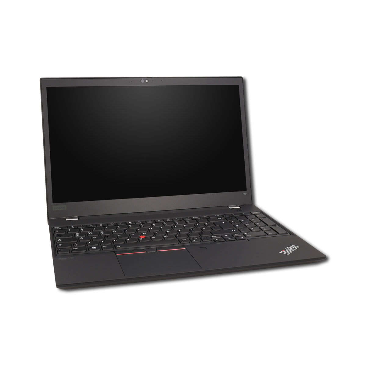Schwarzer Laptop auf weißem Hintergrund. Der Bildschirm ist schwarz, Tastatur sichtbar. ThinkPad-Logo vorhanden.