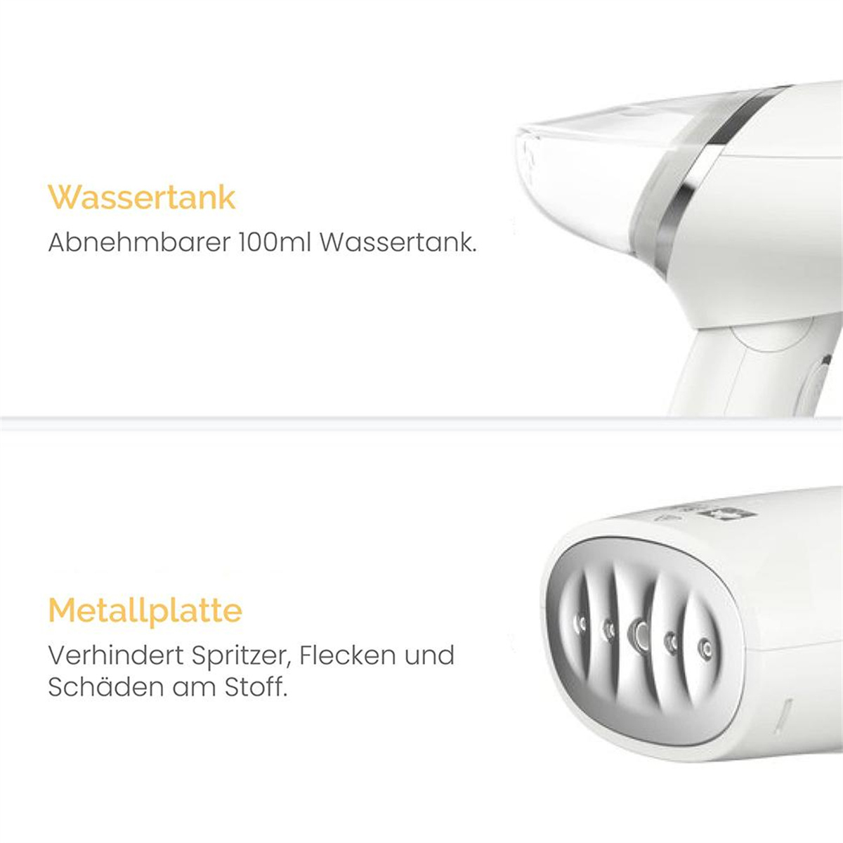 Ein weißer Kleidungsdampfer, der die Vorderseite mit Belüftungsöffnungen für die Stoffpflege zeigt.
