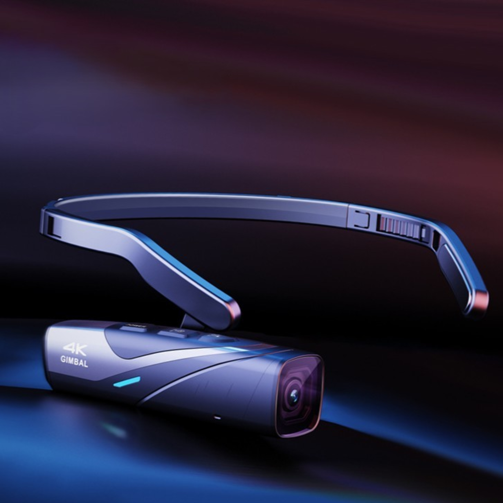 Futuristische Kamera mit Headset-Design, auf lila-blauem Farbverlauf.