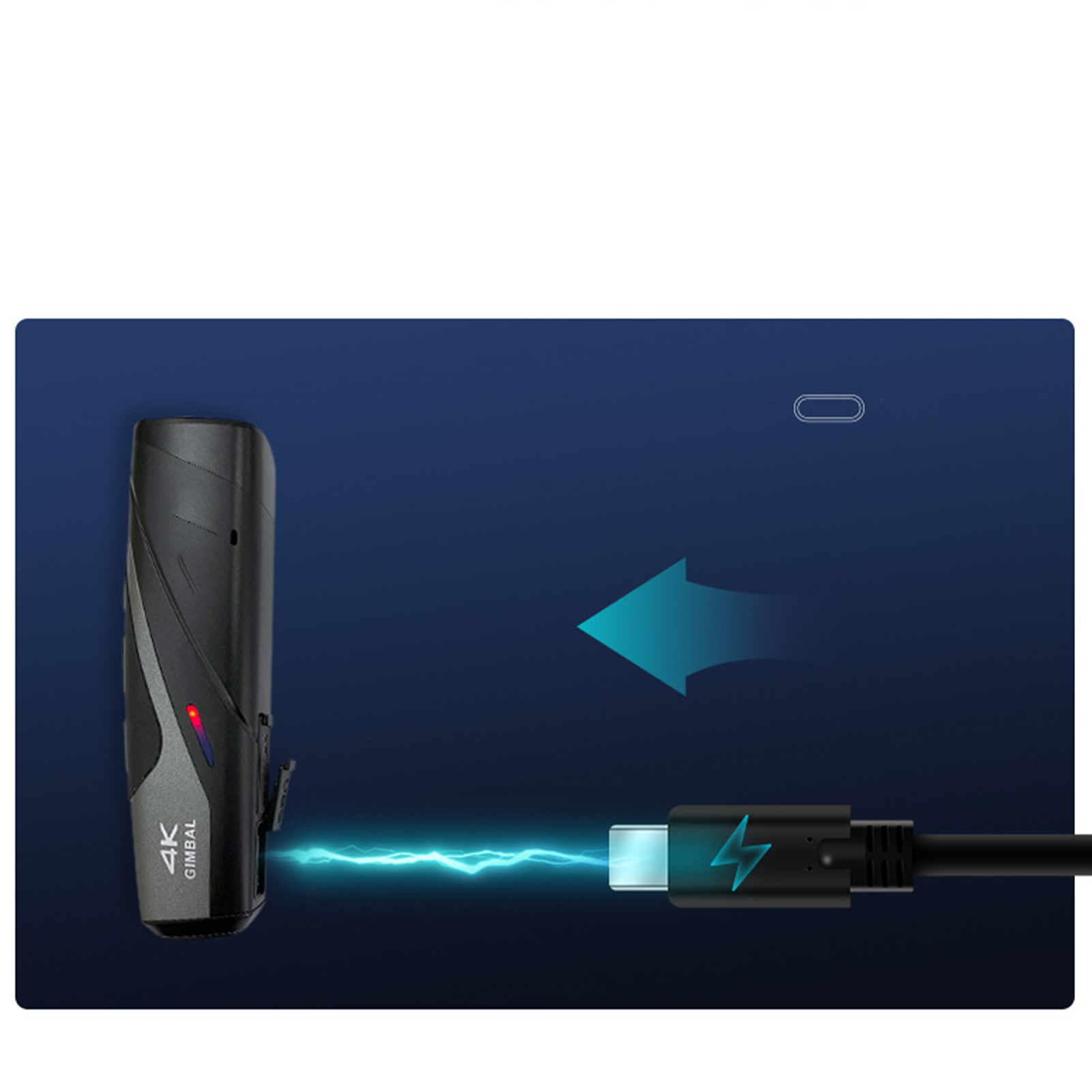 Schwarzer Gimbal mit rotem Licht, verbunden mit einem USB-C-Kabel, das auf blauer Oberfläche lädt.