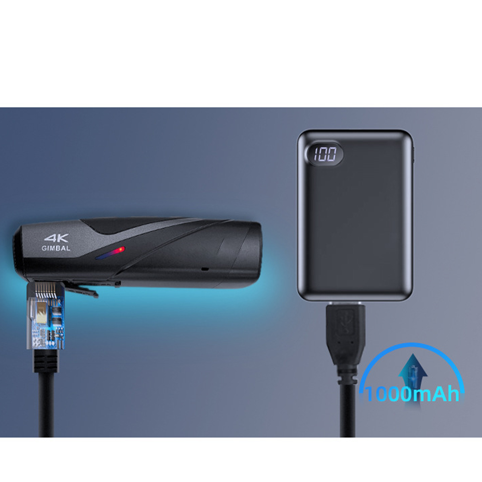 Schwarzes 4K-Gimbal und Powerbank mit Anzeige 100. Blaue Linien zeigen Energiefluss.