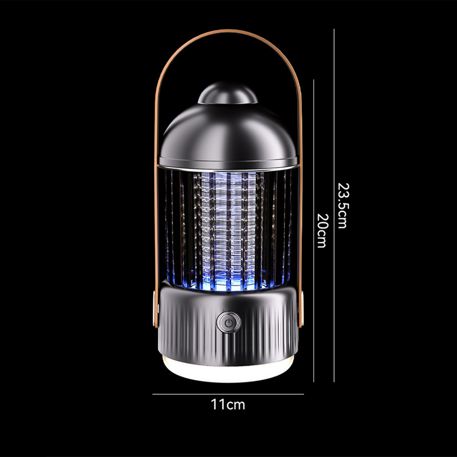 Schwarze Moskitokillerlampe. Abmessungen 11cm x 20cm x 23,5cm. Brauner Griff, blaues Licht innen, schwarzer Hintergrund.