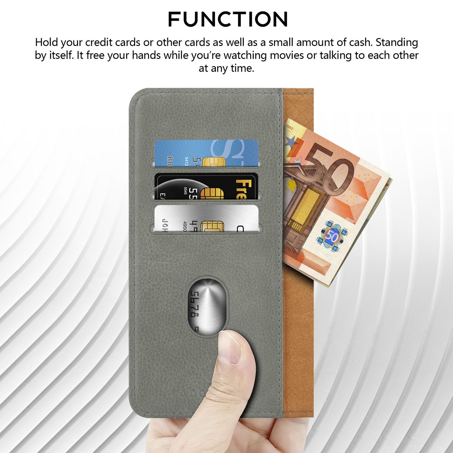 Eine Hand hält eine Geldbörse mit Kreditkarten und einem 50-Euro-Schein. Graue und braune Geldbörse.