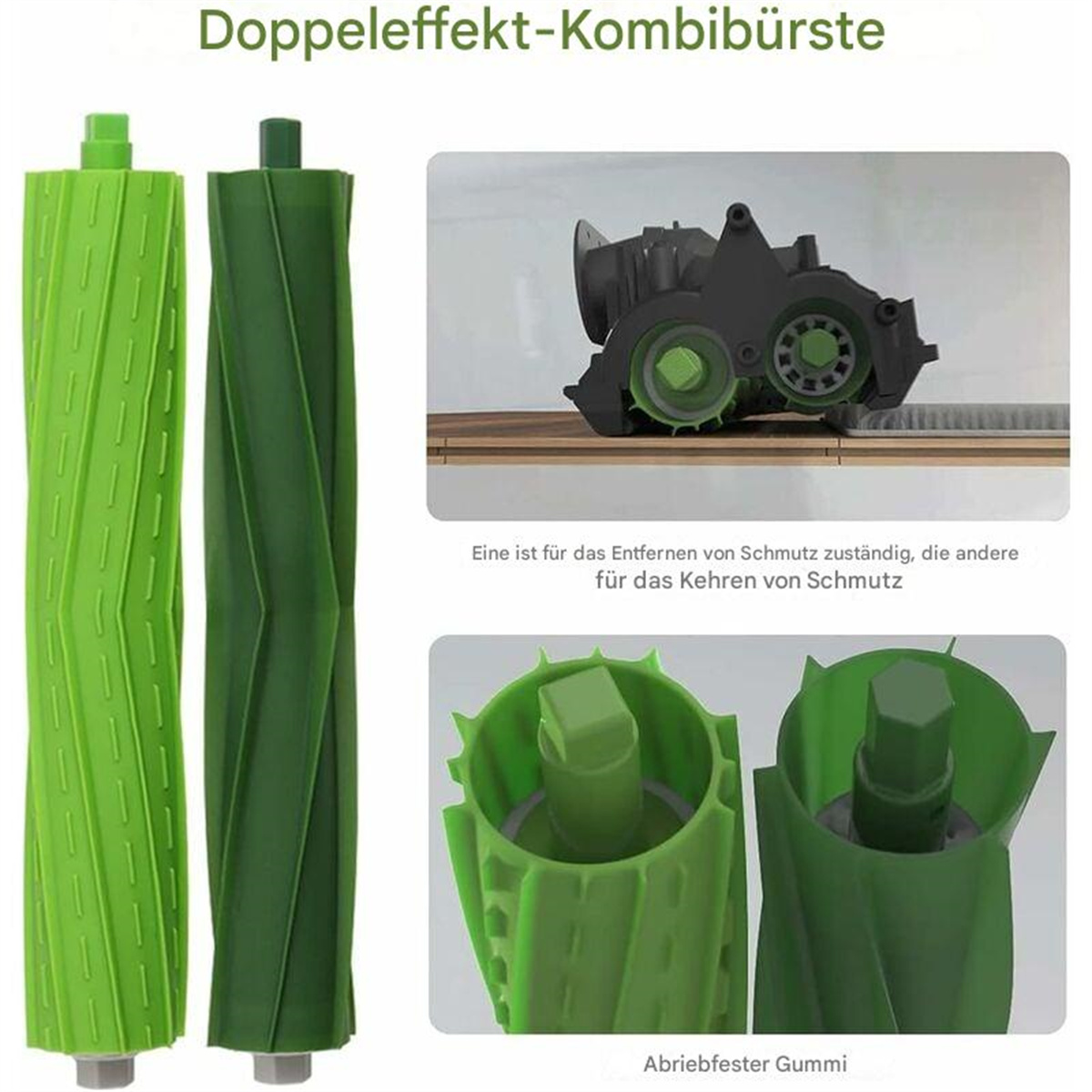 Grüne und schwarze Staubsaugerbürsten. Detaillierte Ansicht der Bürstenköpfe. Weißer Hintergrund.