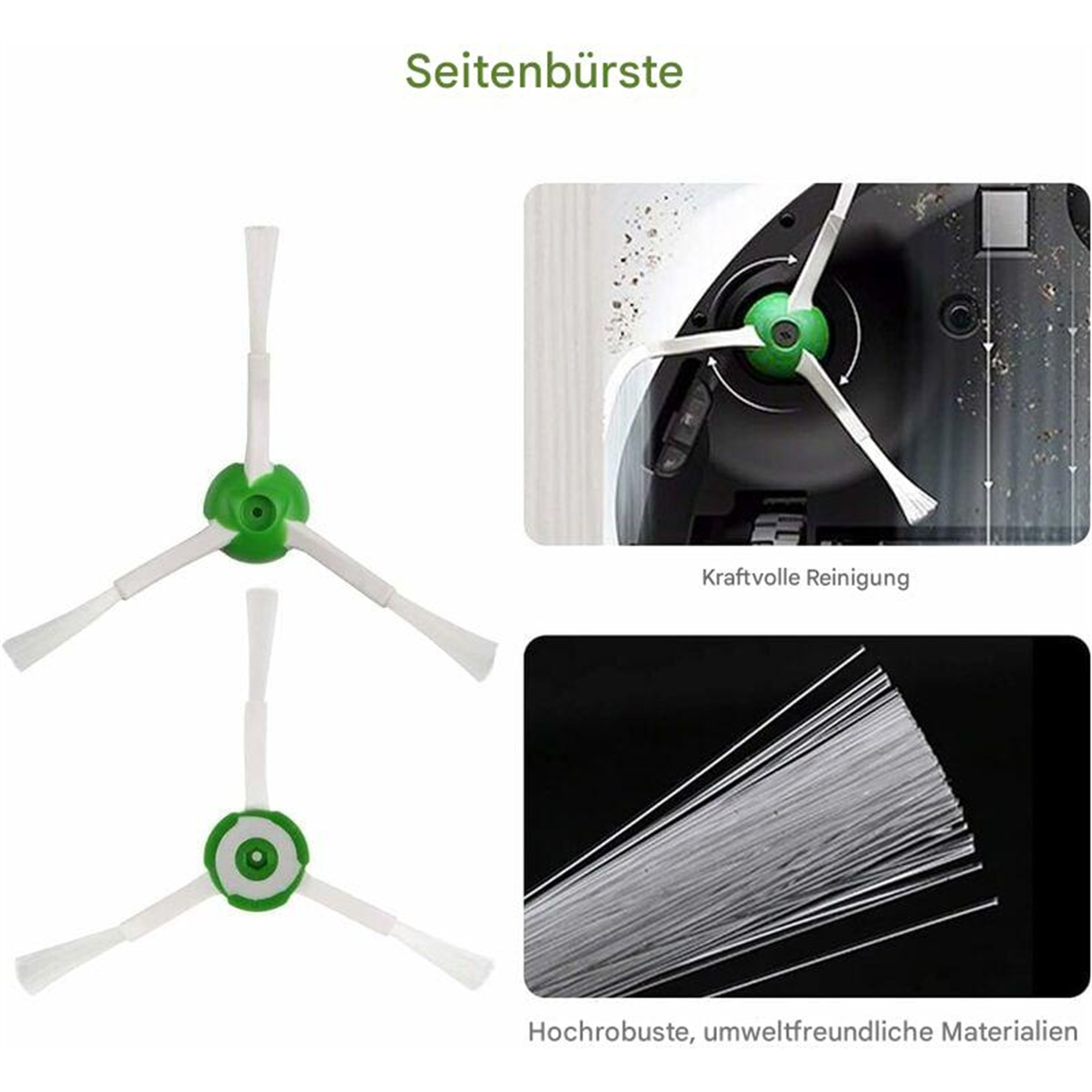 Nahaufnahme eines Roboter-Staubsauger-Bürstensets und seiner Teile, mit Beschriftungen.