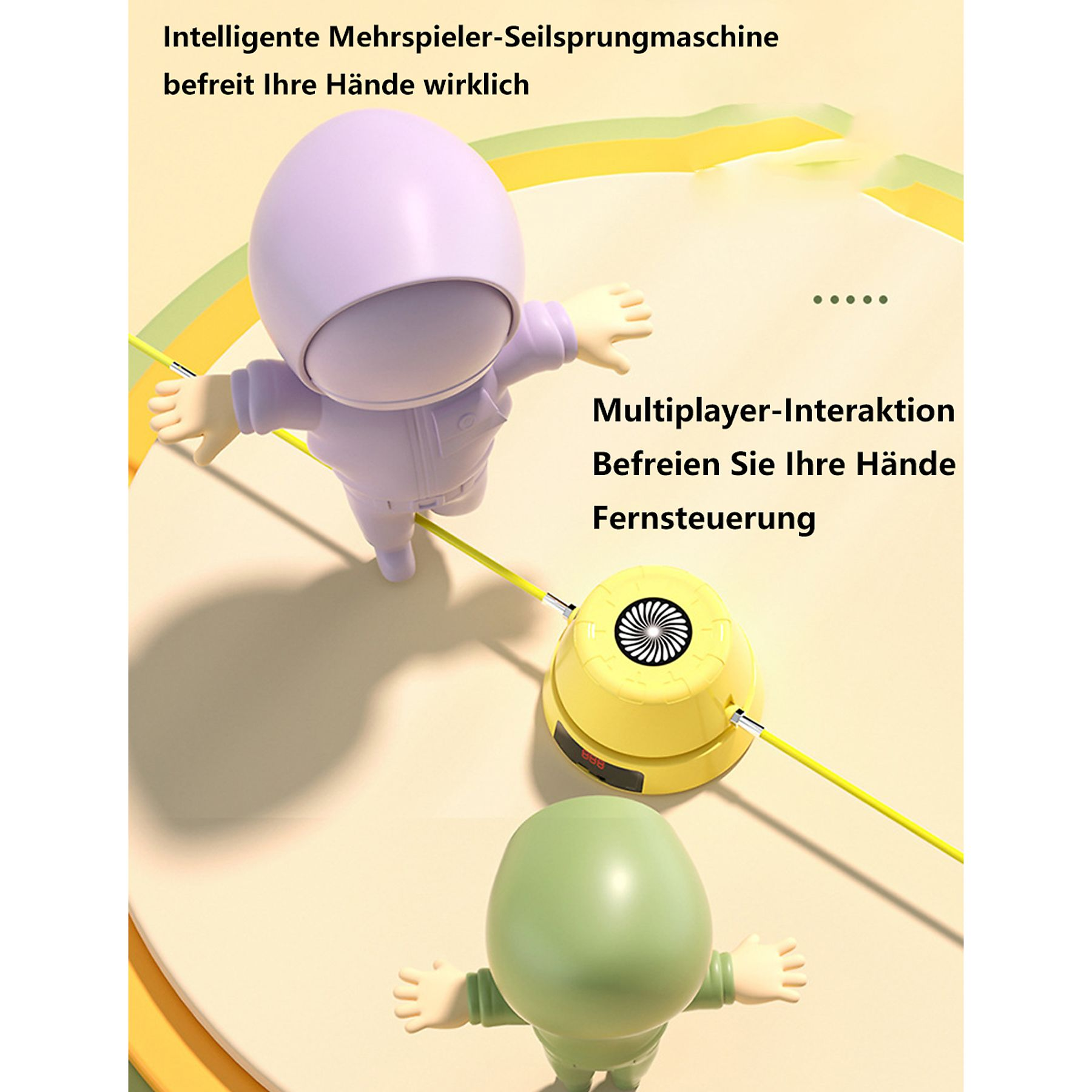 Zwei Spielfiguren, eine grüne und eine lila, mit einem gelben Springseil.