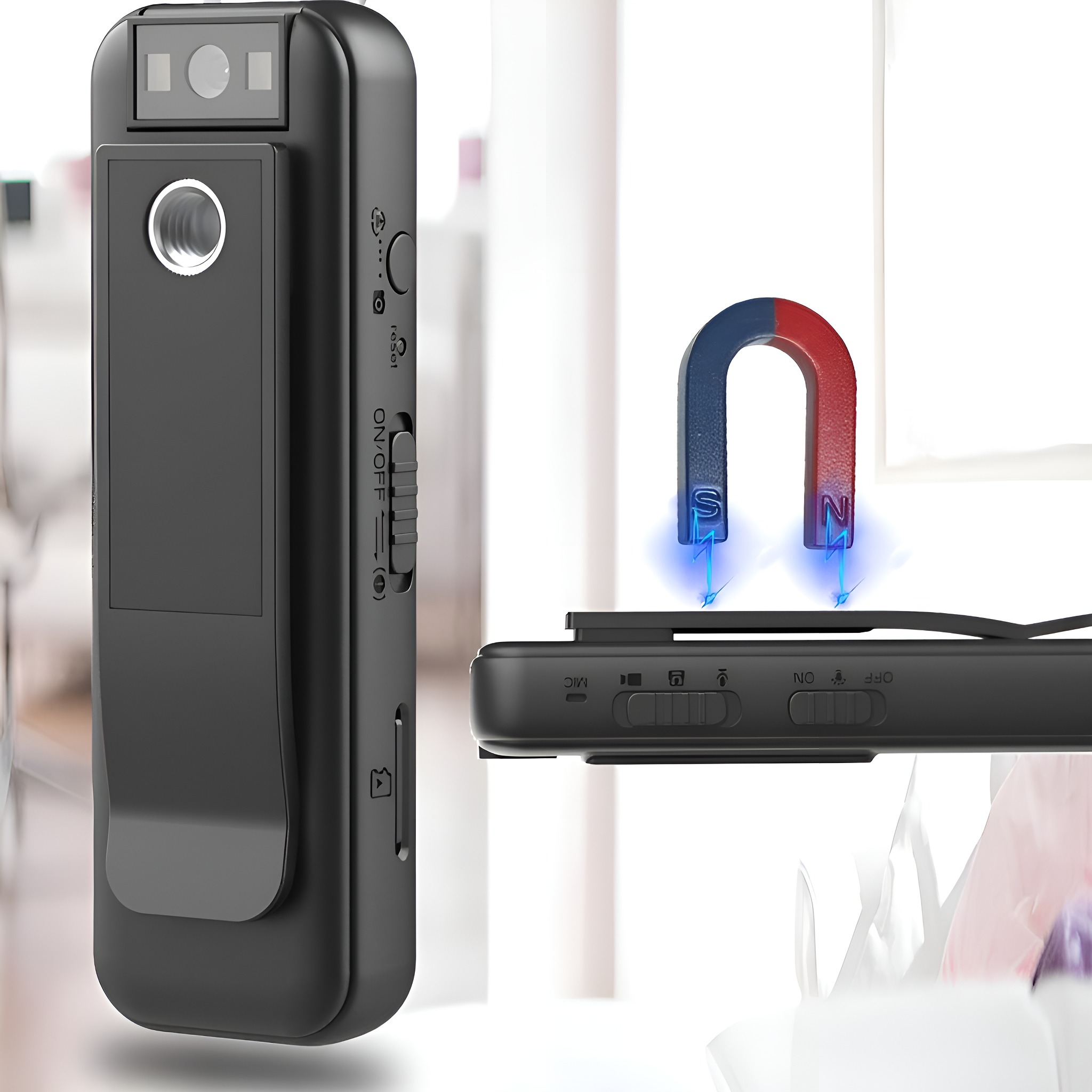 Eine schwarze Spionagekamera mit Clip und Magnet. Der Magnet veranschaulicht seine Stärke.