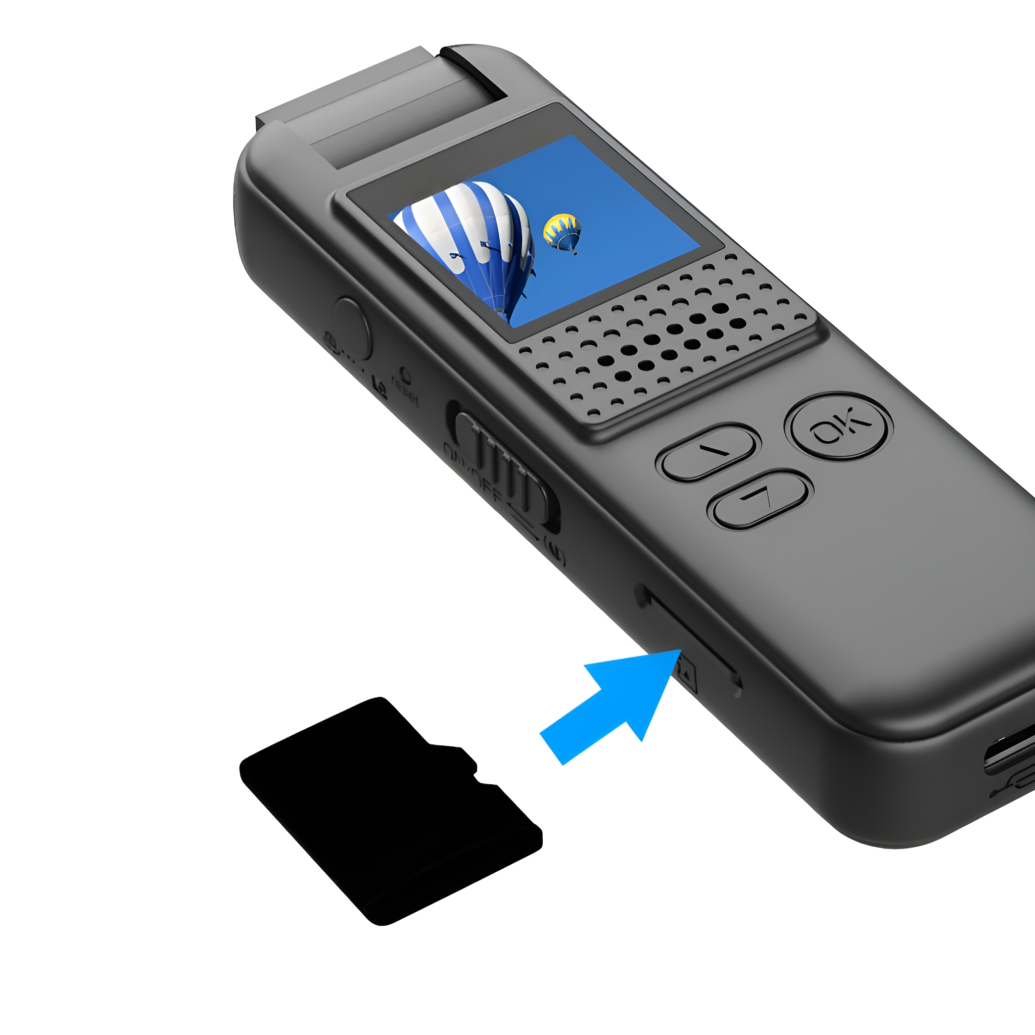 Schwarzes Gerät mit Bildschirm, der ein farbenfrohes Bild zeigt. Eine microSD-Karte wird eingesetzt.