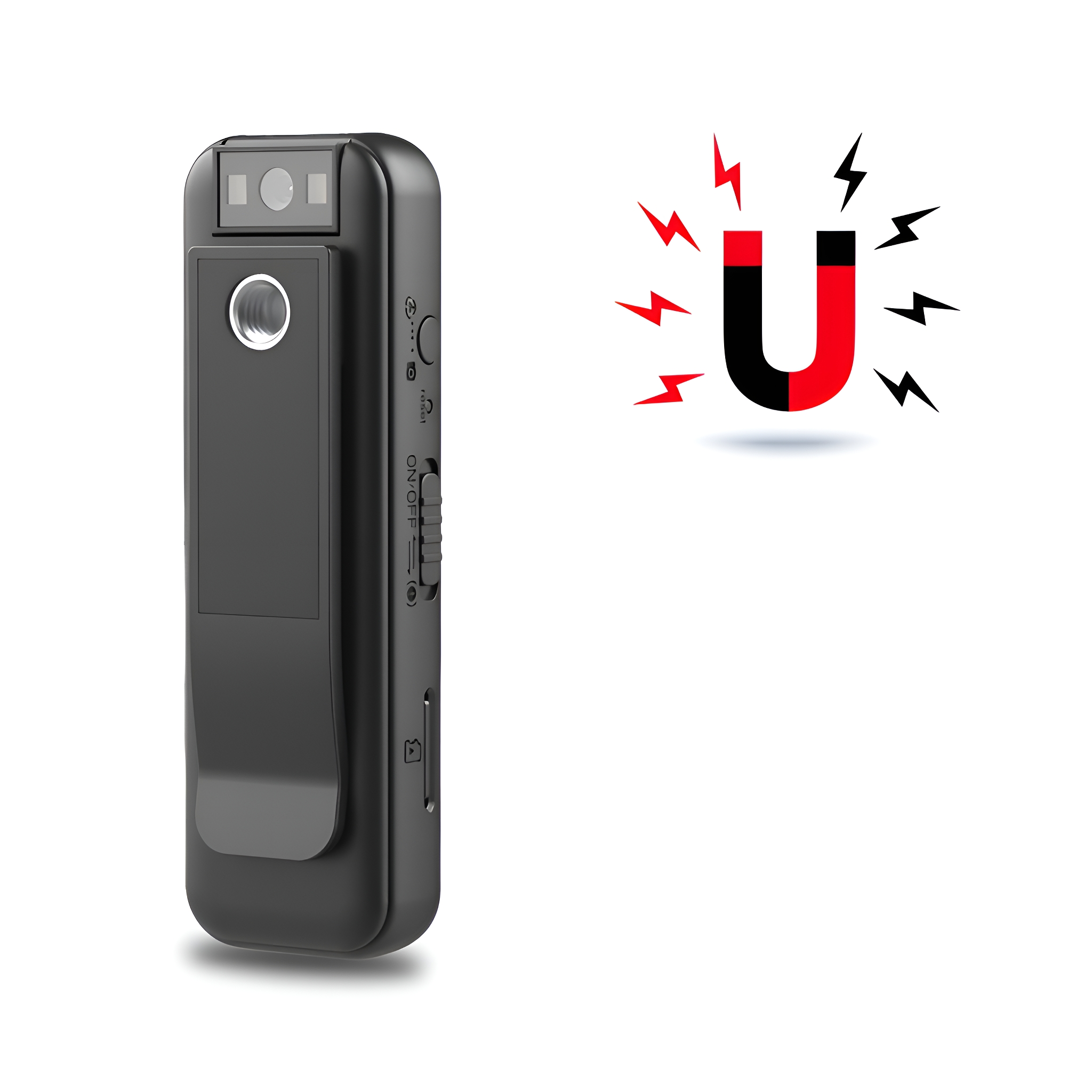Schwarze Spionagekamera mit Clip und rot-schwarzem Magnet-Symbol.